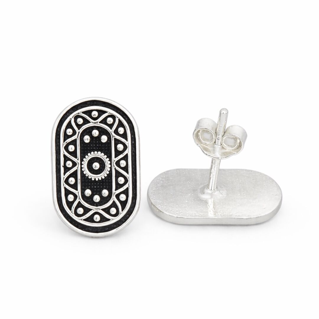 Oval Anadolu Motifli  Midyat Hasırı Gümüş Küpe