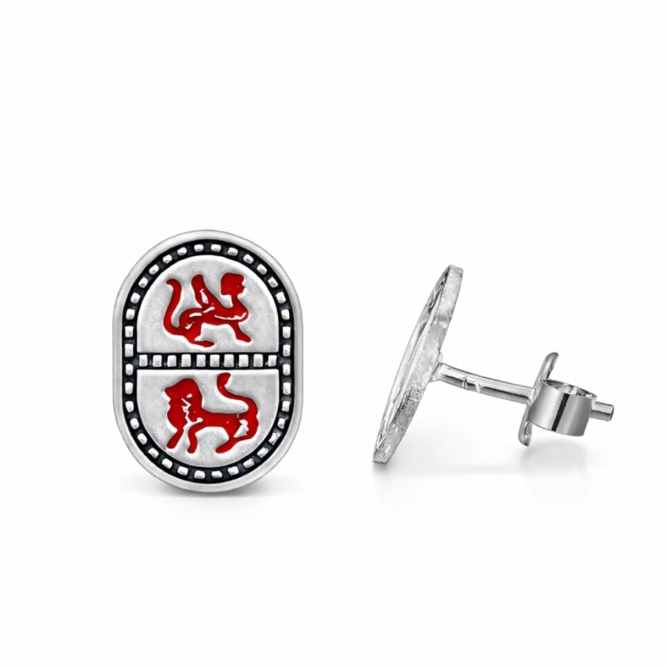 Aslan Motifli  Midyat Hasırı Gümüş Küpe