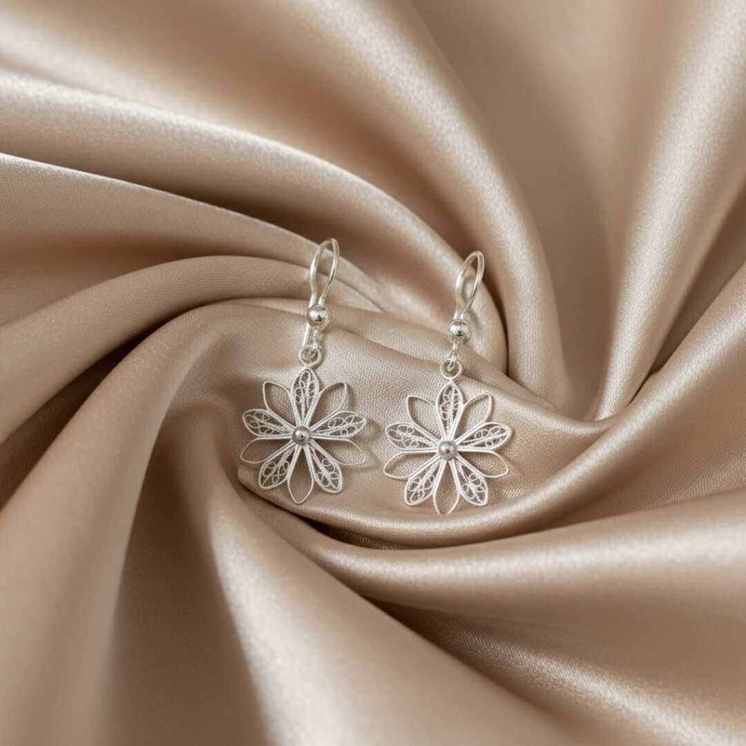 Çiçek Motifli  Midyat Telkari Gümüş Küpe