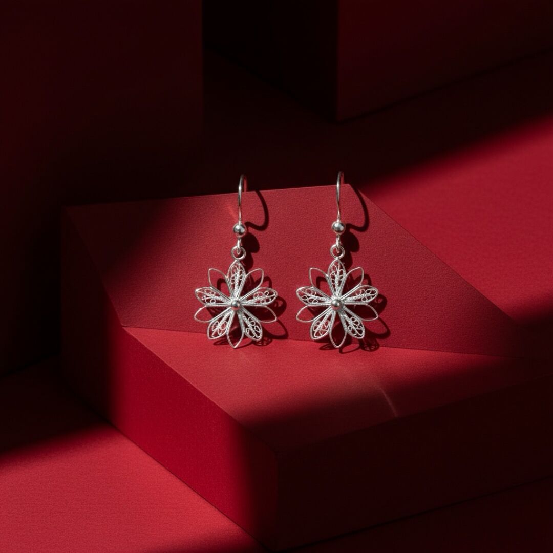 Çiçek Motifli  Midyat Telkari Gümüş Küpe