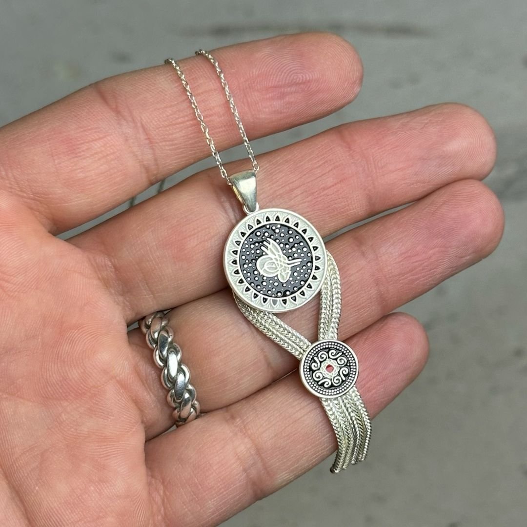 Osmanlı Tuğralı Midyat Hasırı Gümüş Kolye
