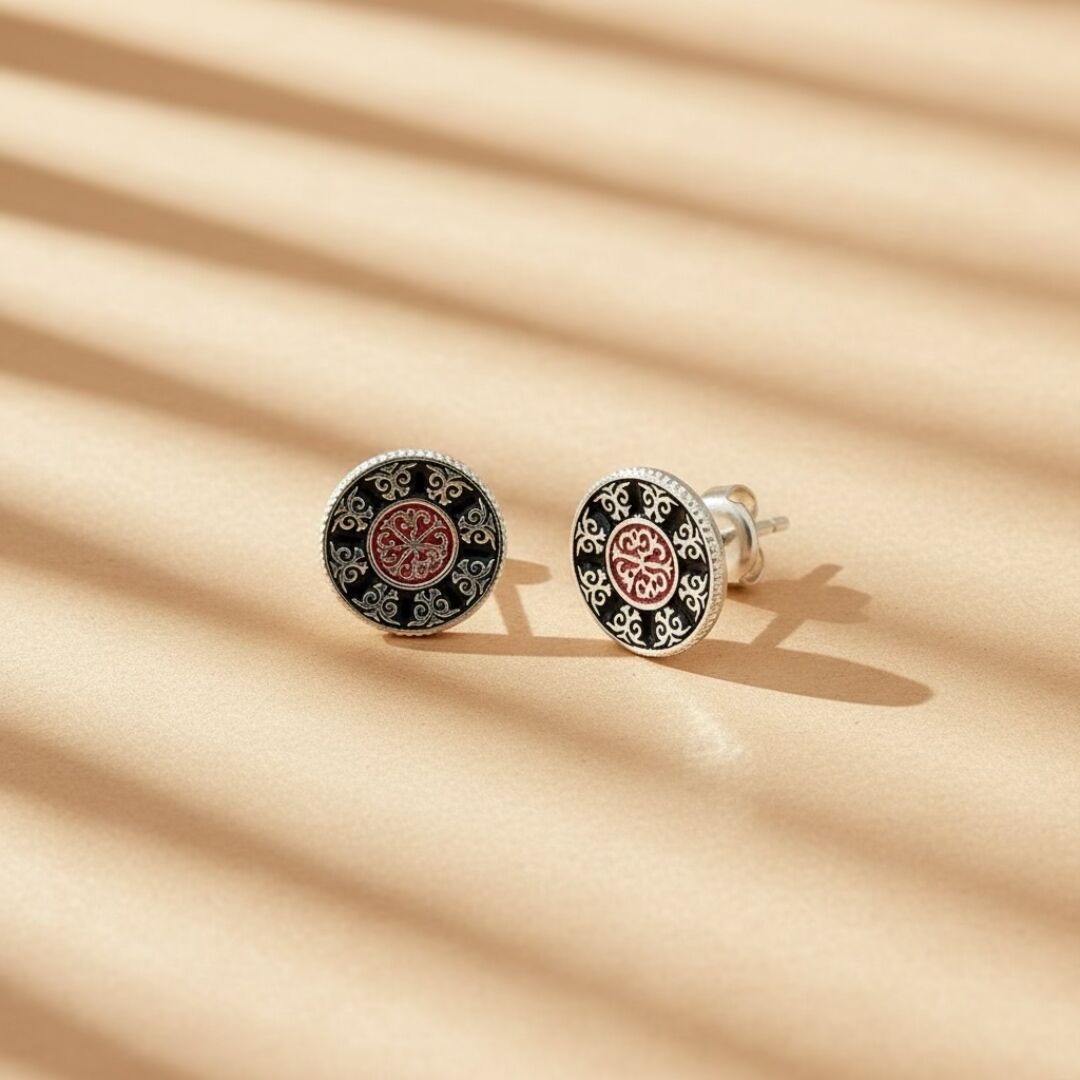 Orta Asya Motif İşlemeli  Midyat Hasırı Gümüş Küpe