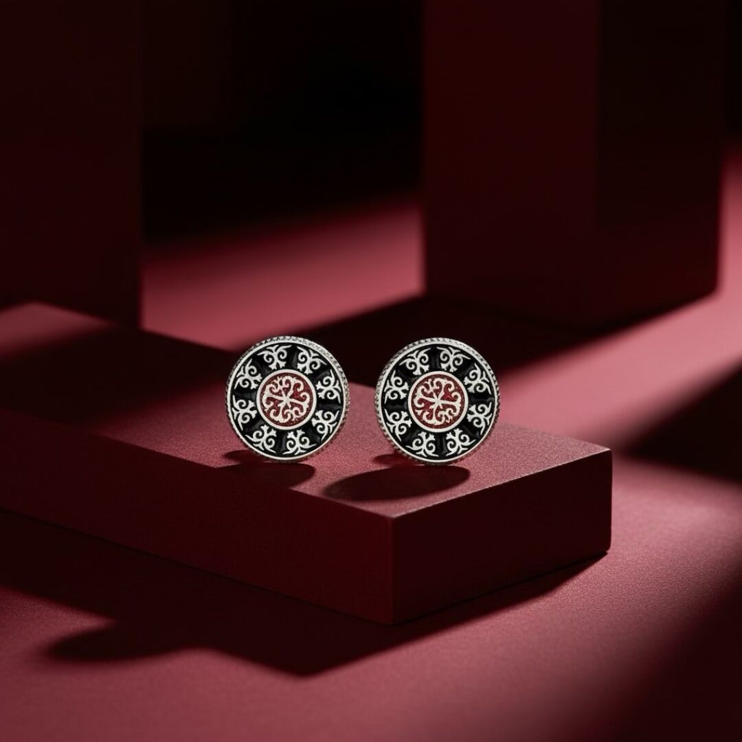 Orta Asya Motif İşlemeli  Midyat Hasırı Gümüş Küpe