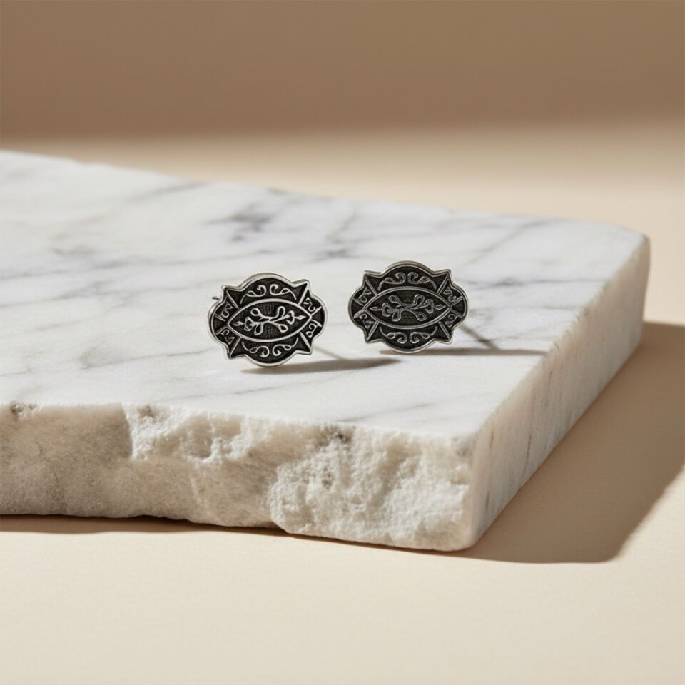 Bitkisel Motif İşlemeli  Midyat Hasırı Gümüş Küpe