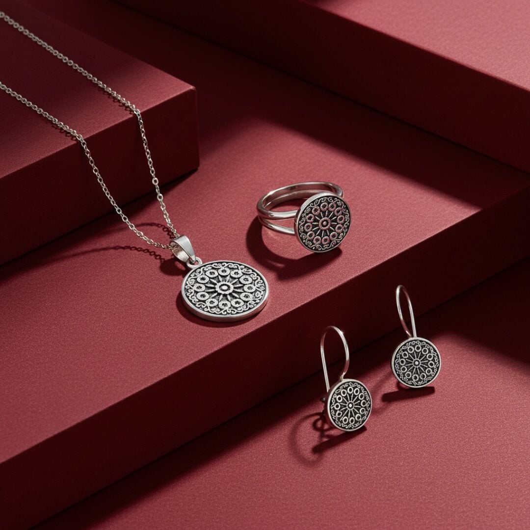 Anadolu Motif İşlemeli  Midyat Hasırı Gümüş Set