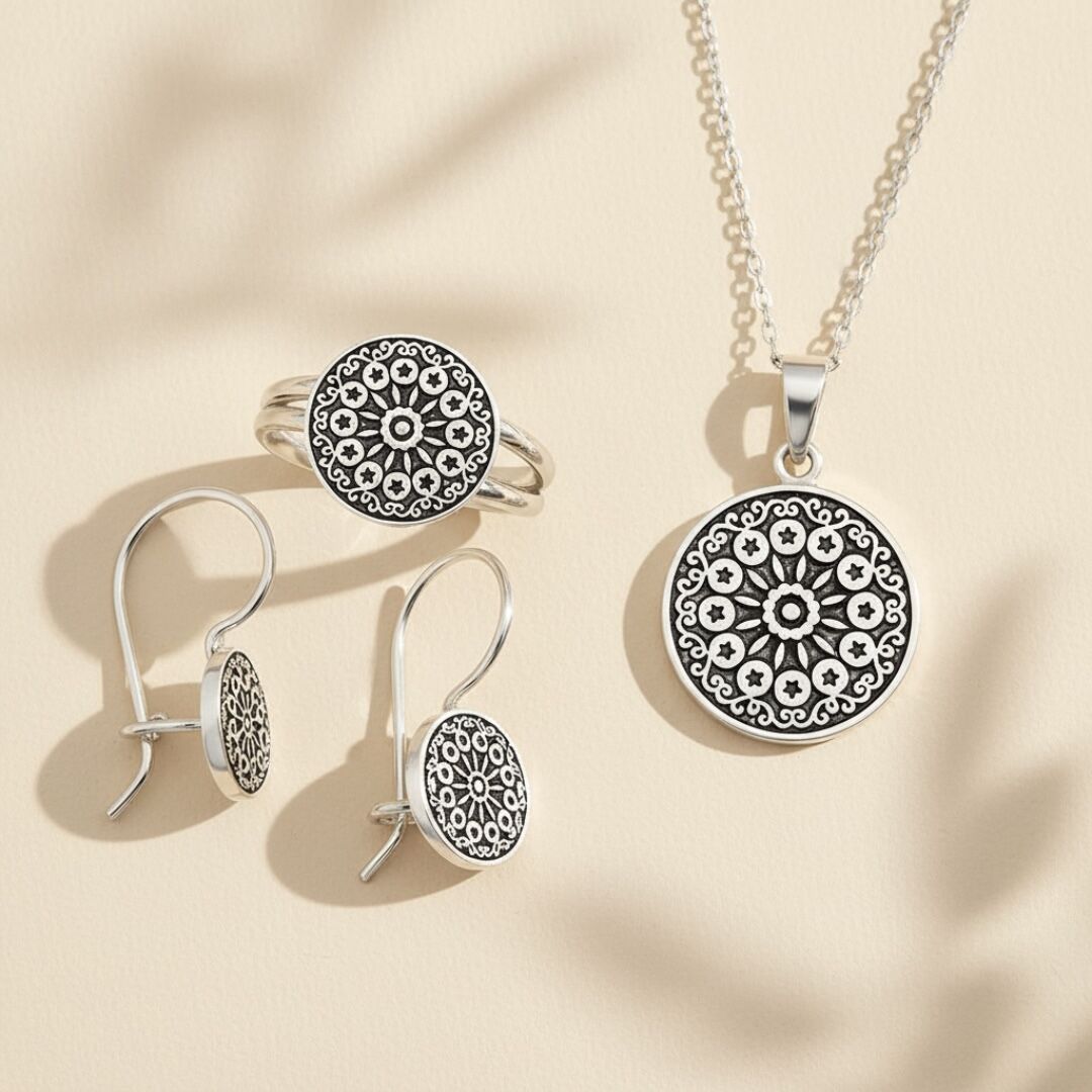 Anadolu Motif İşlemeli  Midyat Hasırı Gümüş Set