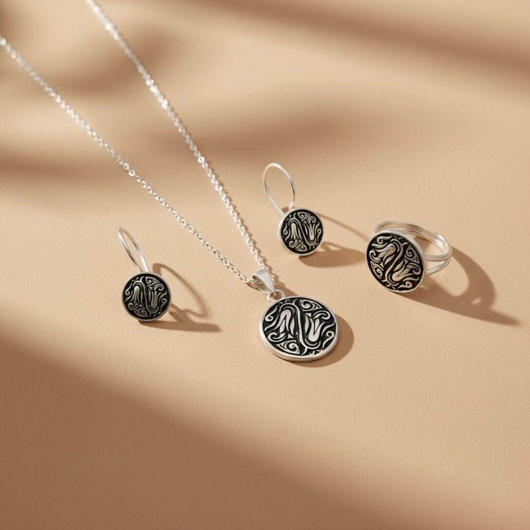 Lale Desenli Midyat Hasırı Gümüş Set