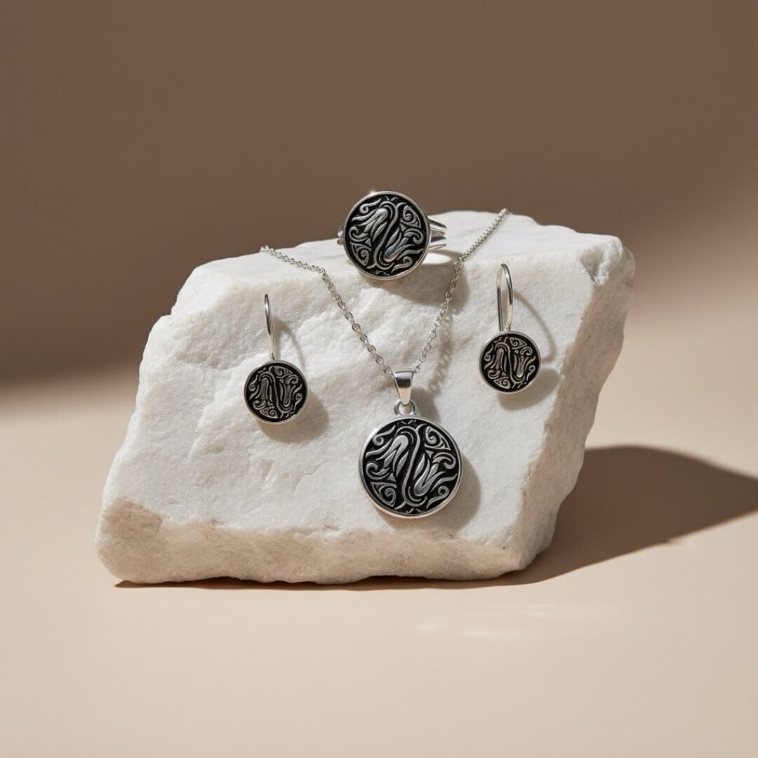 Lale Desenli Midyat Hasırı Gümüş Set