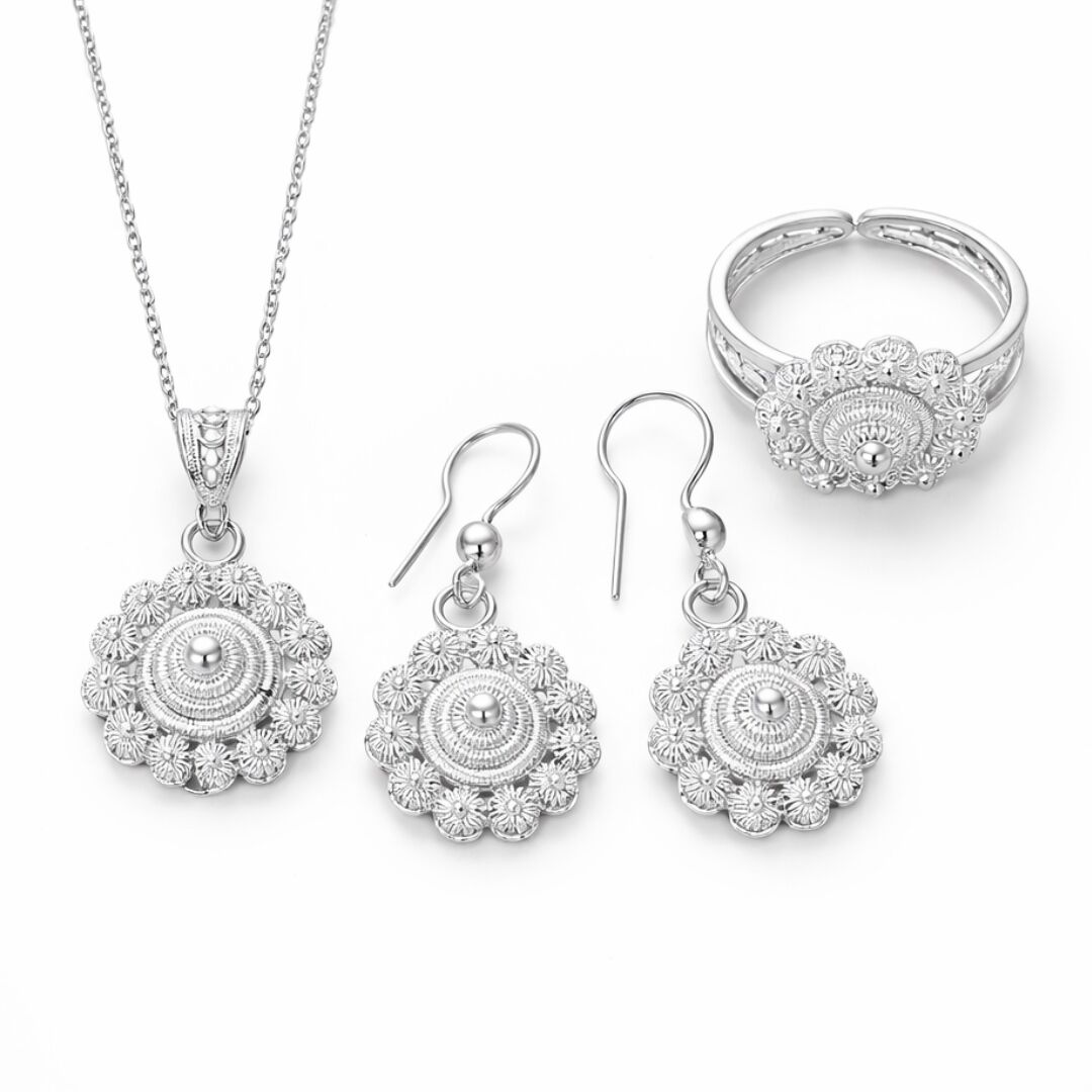 Bereket Çiçek Motifli  Midyat Telkari Gümüş Set