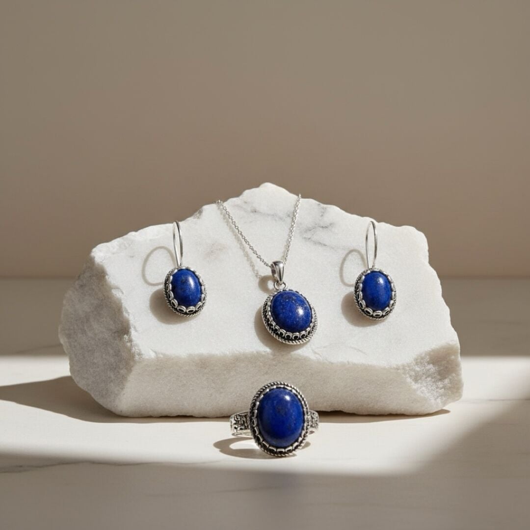 Doğal Lapis Lazuli Taşlı Midyat Hasırı Gümüş Set