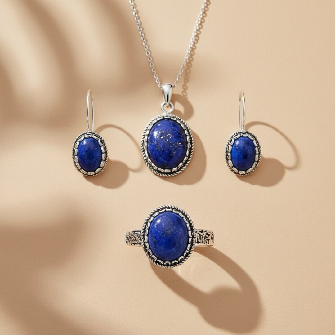 Doğal Lapis Lazuli Taşlı Midyat Hasırı Gümüş Set