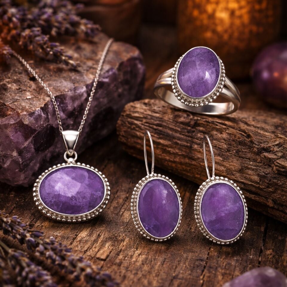 Doğal Ametist Taşlı Kadın Otantik Gümüş Set