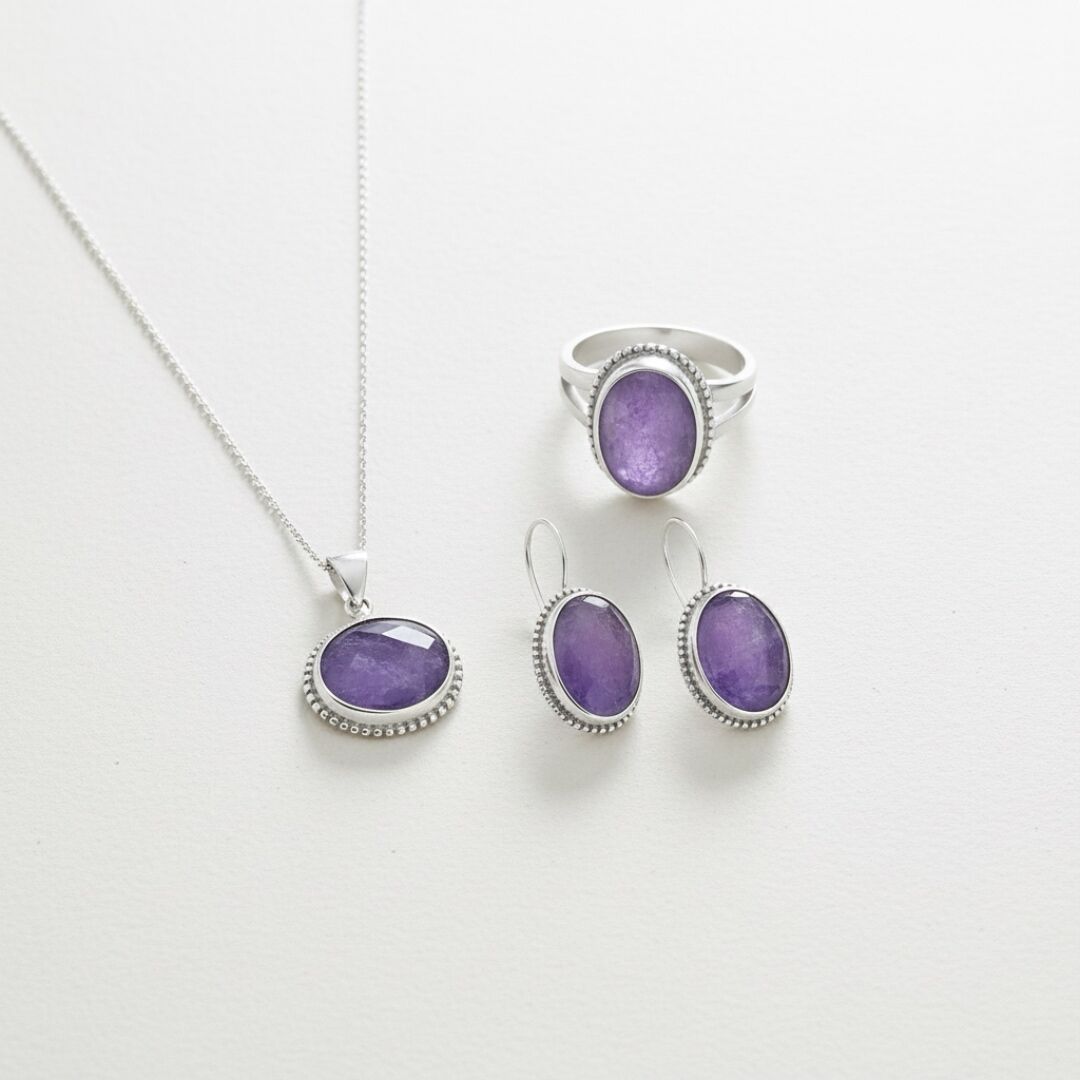 Doğal Ametist Taşlı Kadın Otantik Gümüş Set