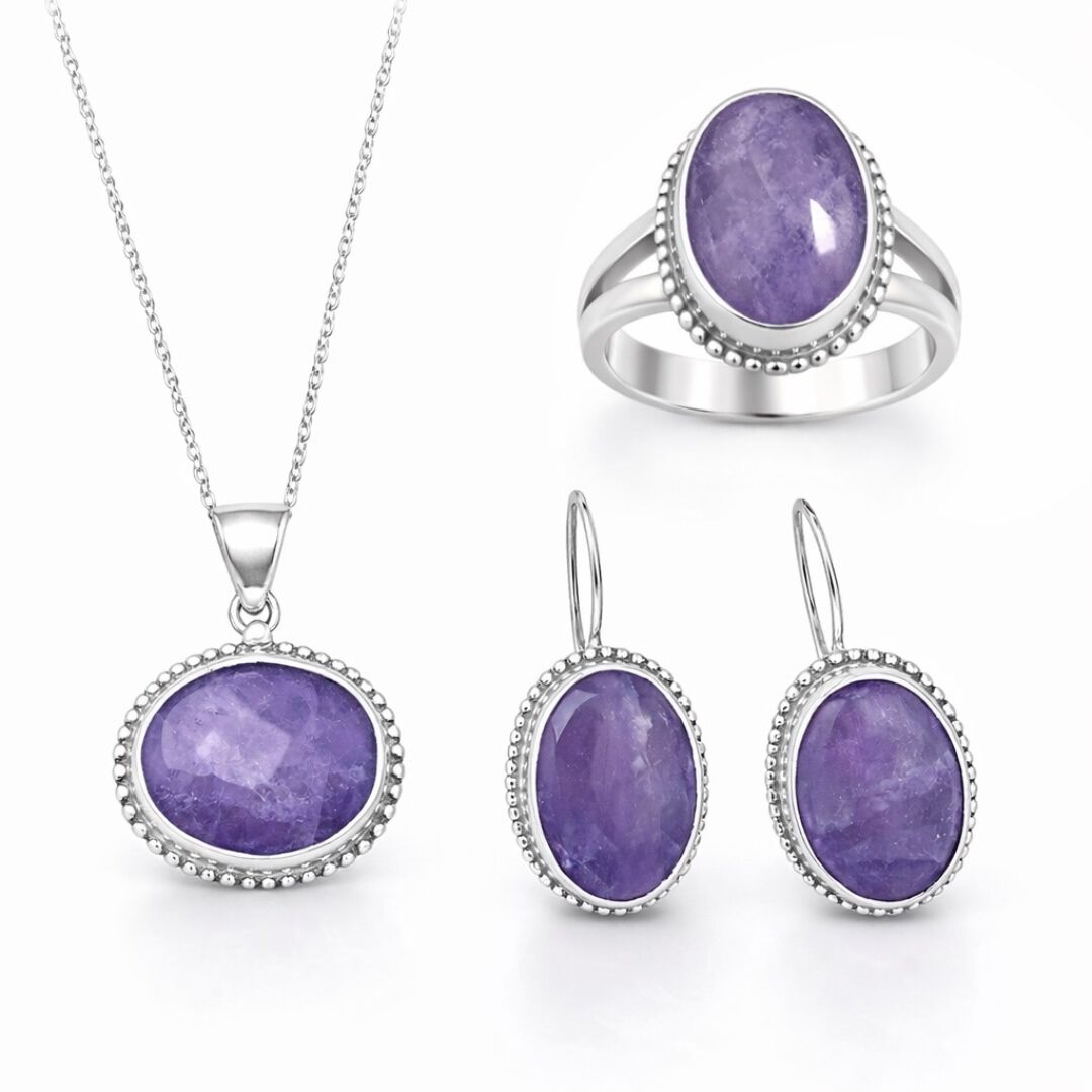 Doğal Ametist Taşlı Kadın Otantik Gümüş Set