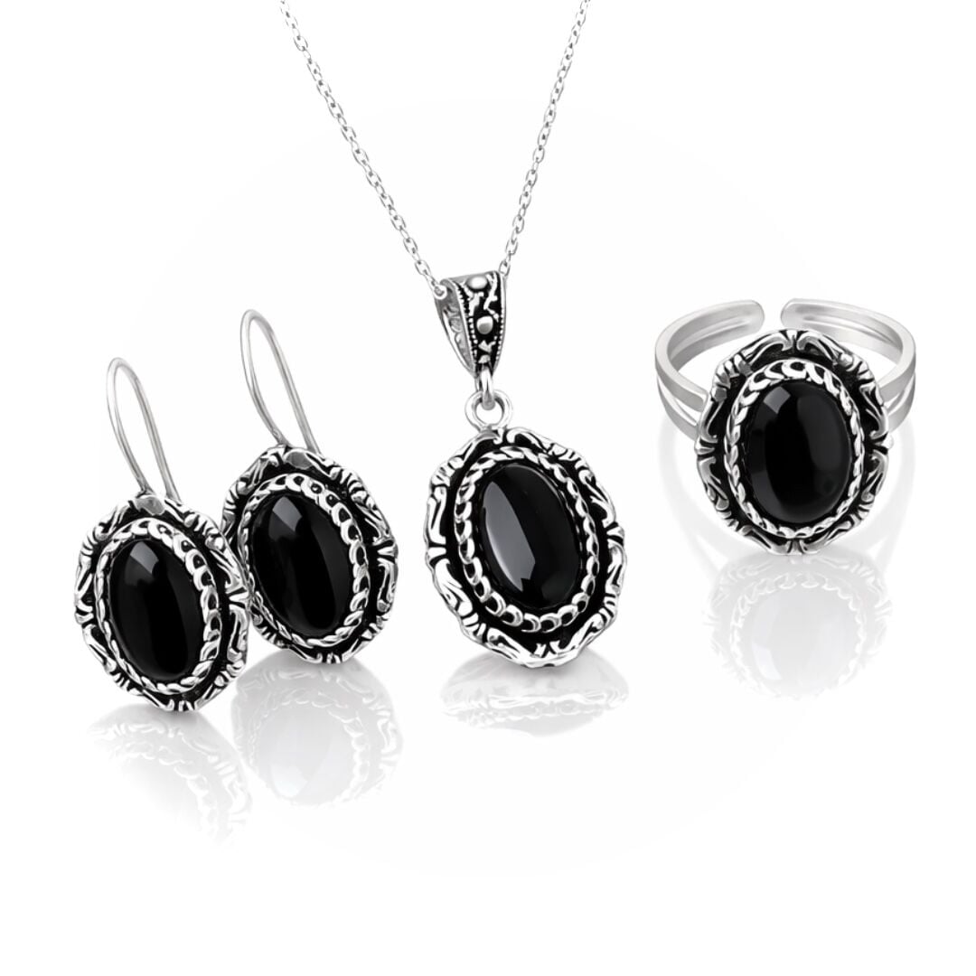 Oval Onix Taşlı Midyat Hasırı Gümüş Set