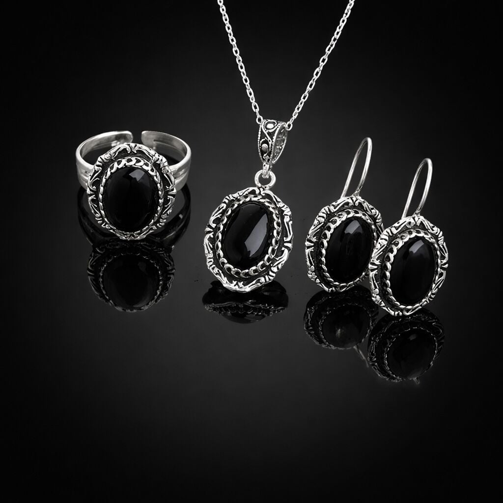 Oval Onix Taşlı Midyat Hasırı Gümüş Set