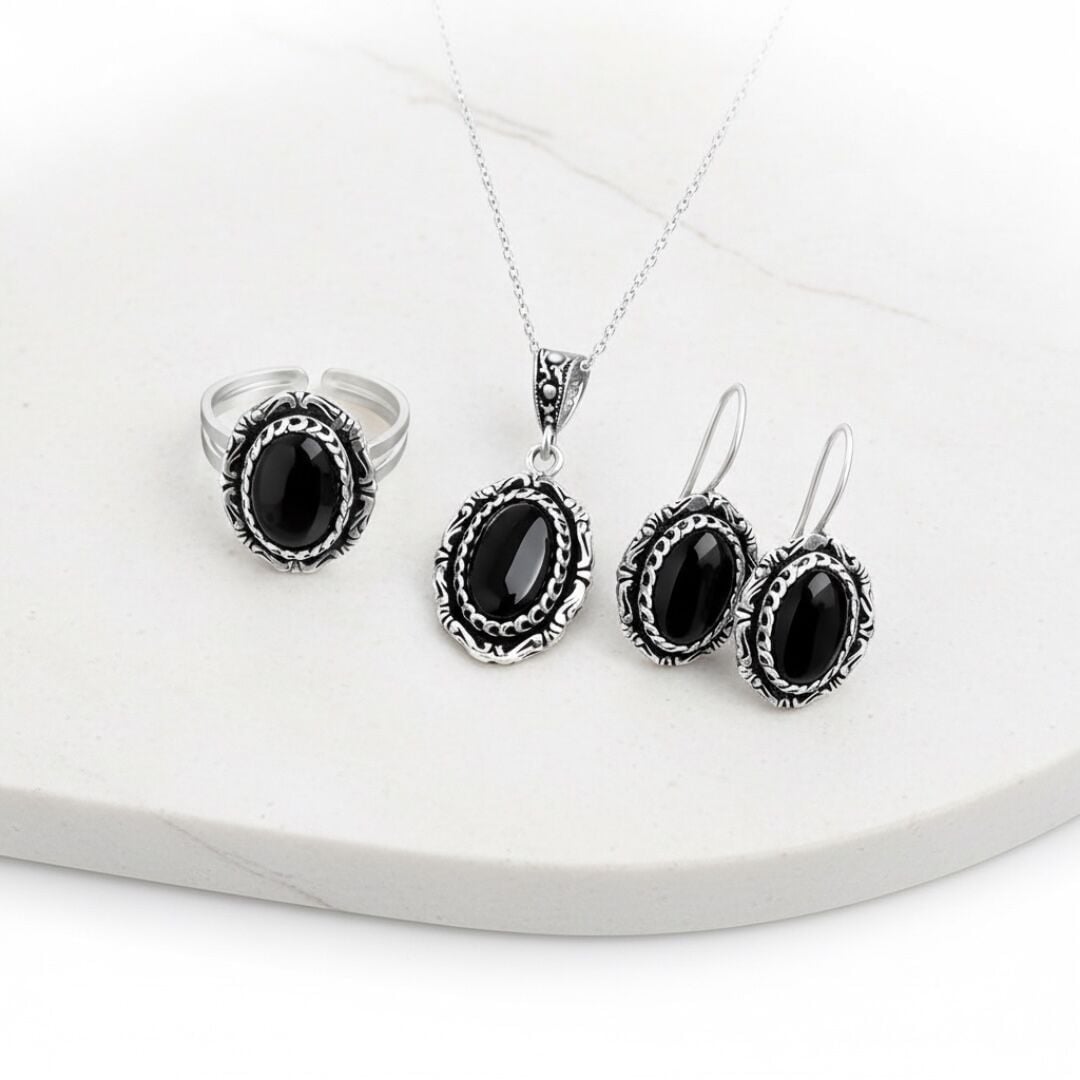 Oval Onix Taşlı Midyat Hasırı Gümüş Set