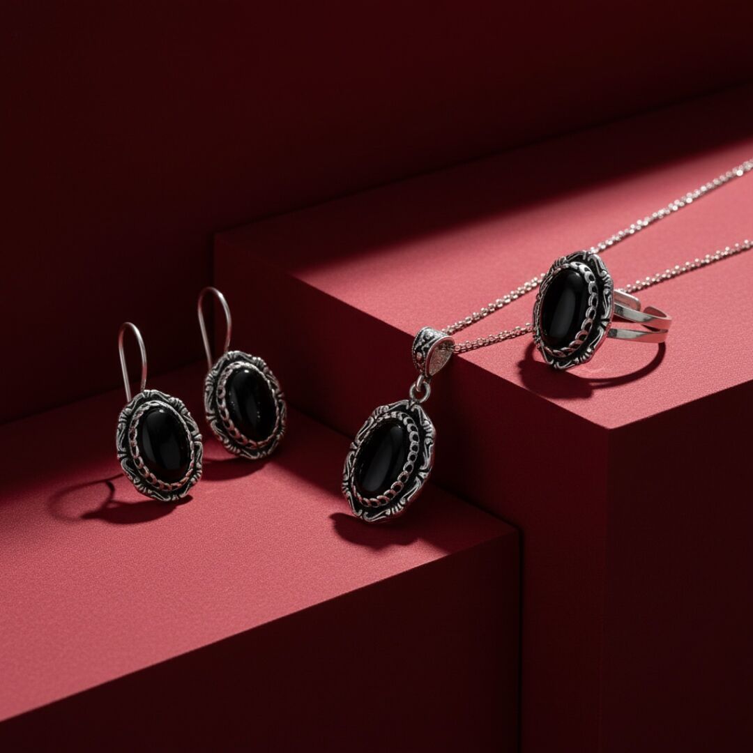 Oval Onix Taşlı Midyat Hasırı Gümüş Set