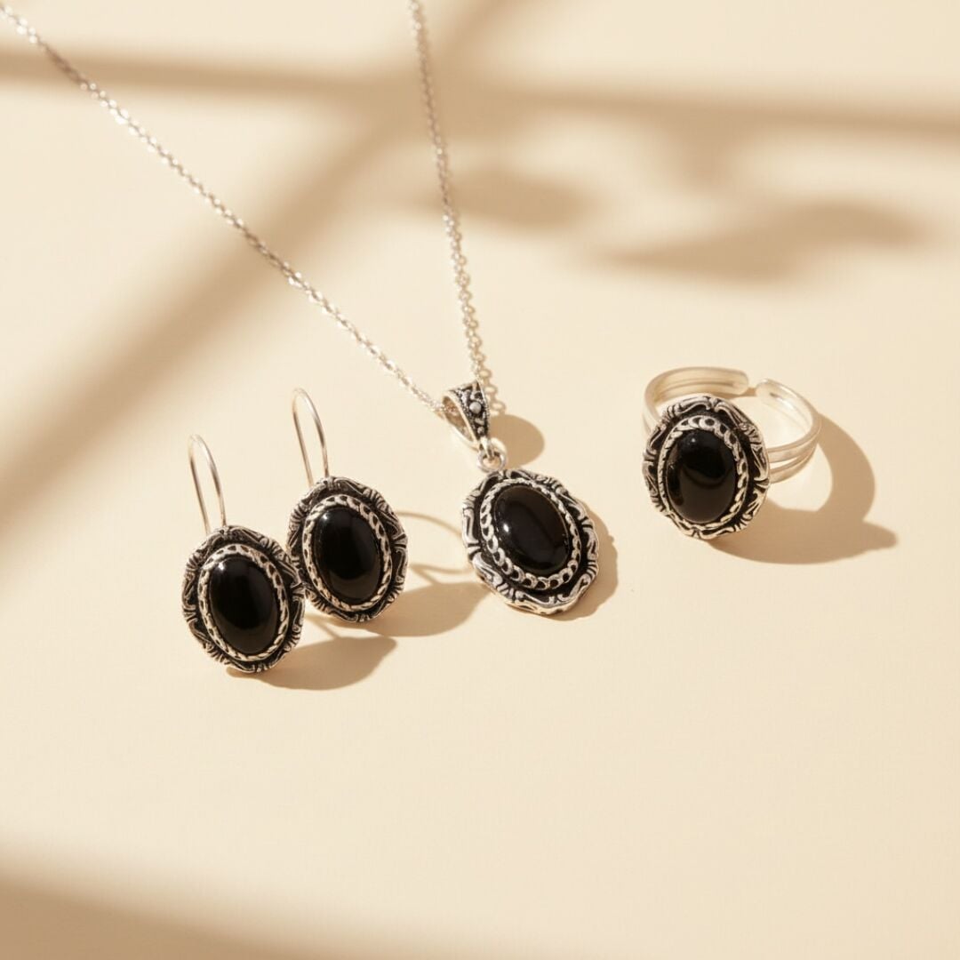 Oval Onix Taşlı Midyat Hasırı Gümüş Set