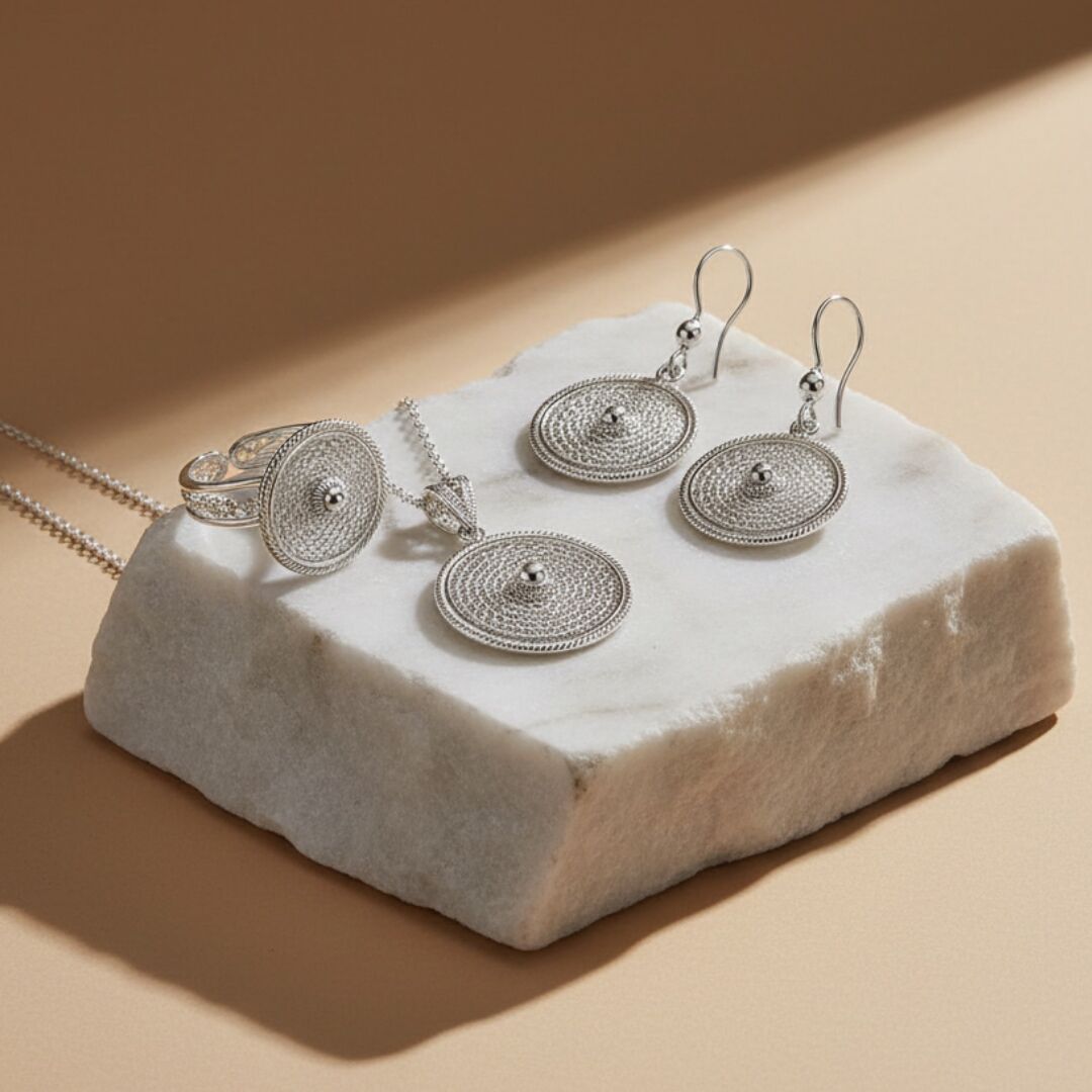 Yuvarlak Model Midyat Telkari Gümüş Set