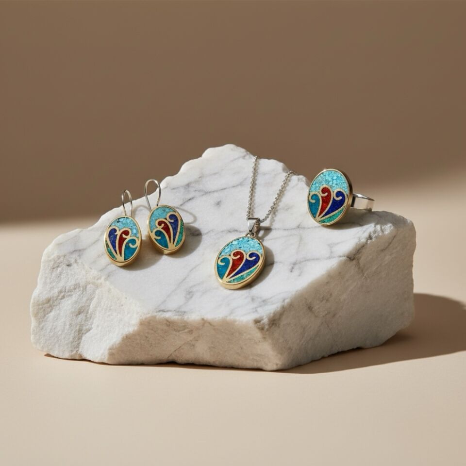 Doğal Mozaik Taşlı Gümüş Otantik Set