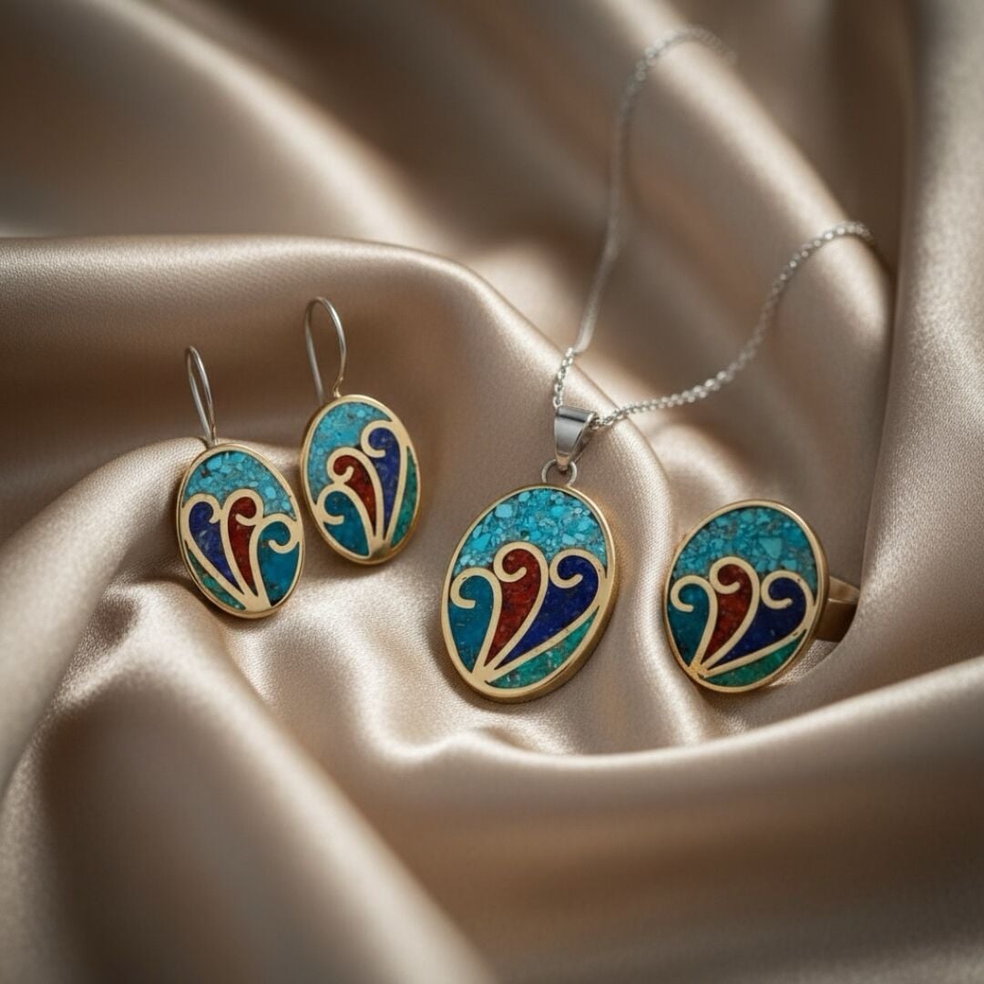 Doğal Mozaik Taşlı Gümüş Otantik Set