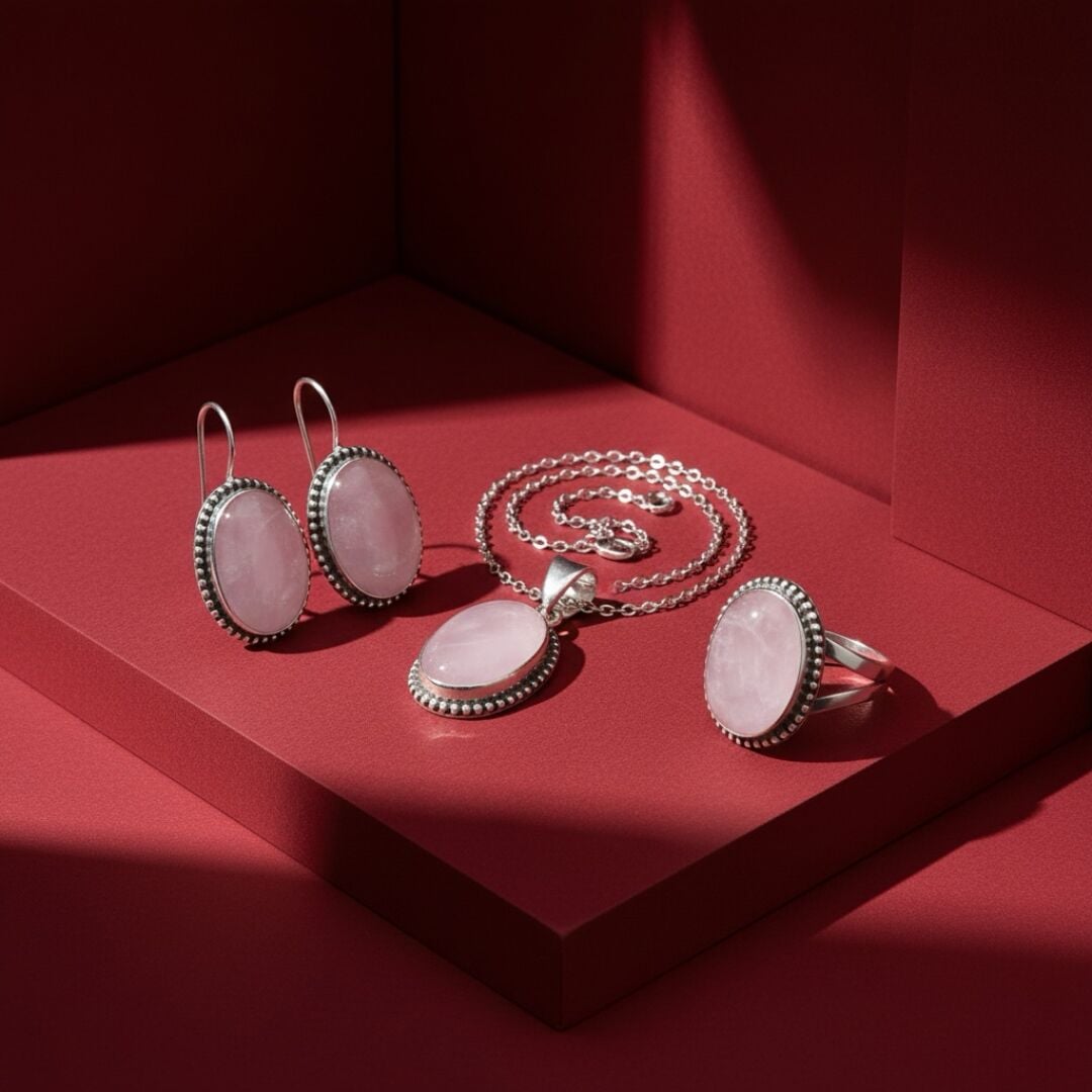 Pembe Kuvars Taşlı Gümüş Otantik Set