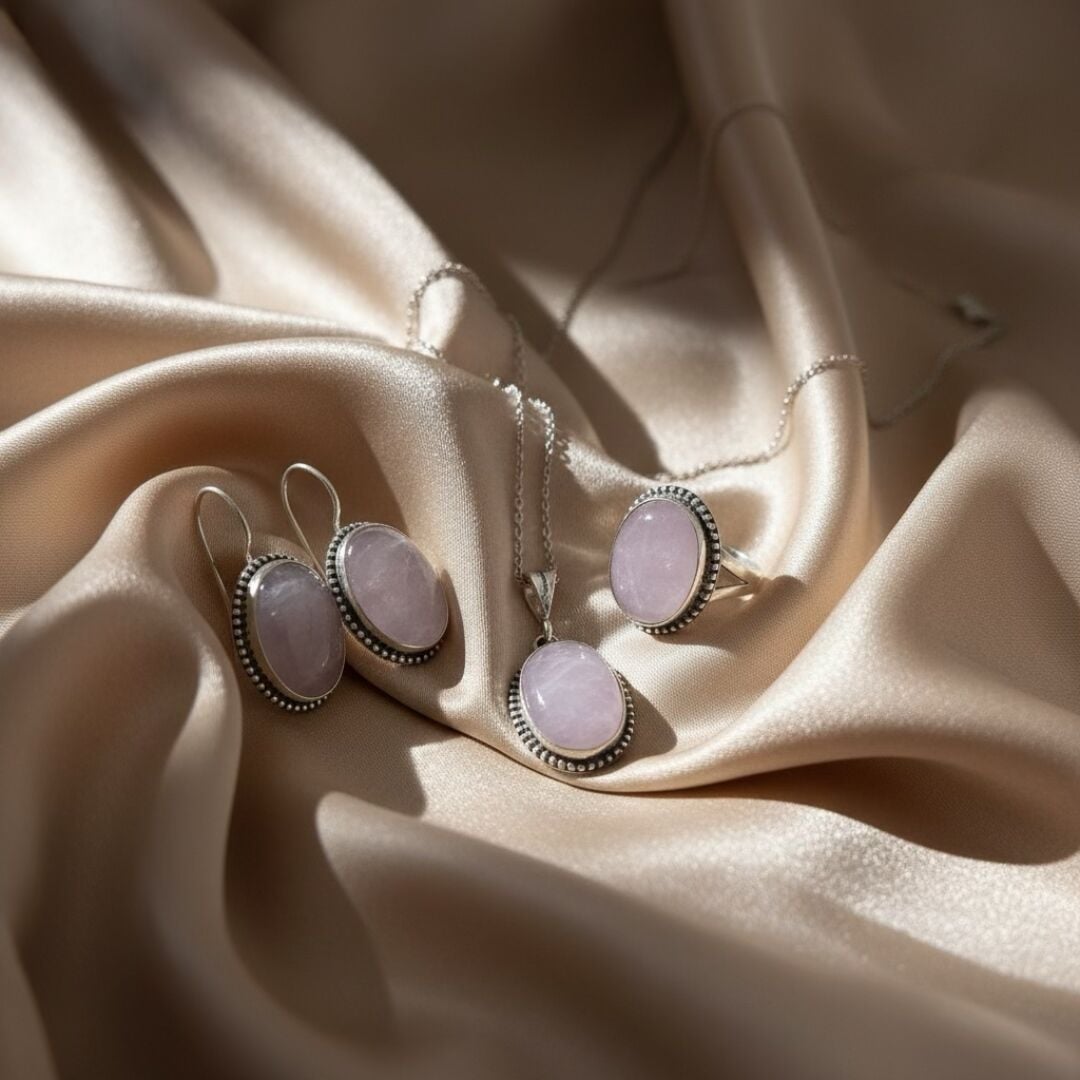Pembe Kuvars Taşlı Gümüş Otantik Set