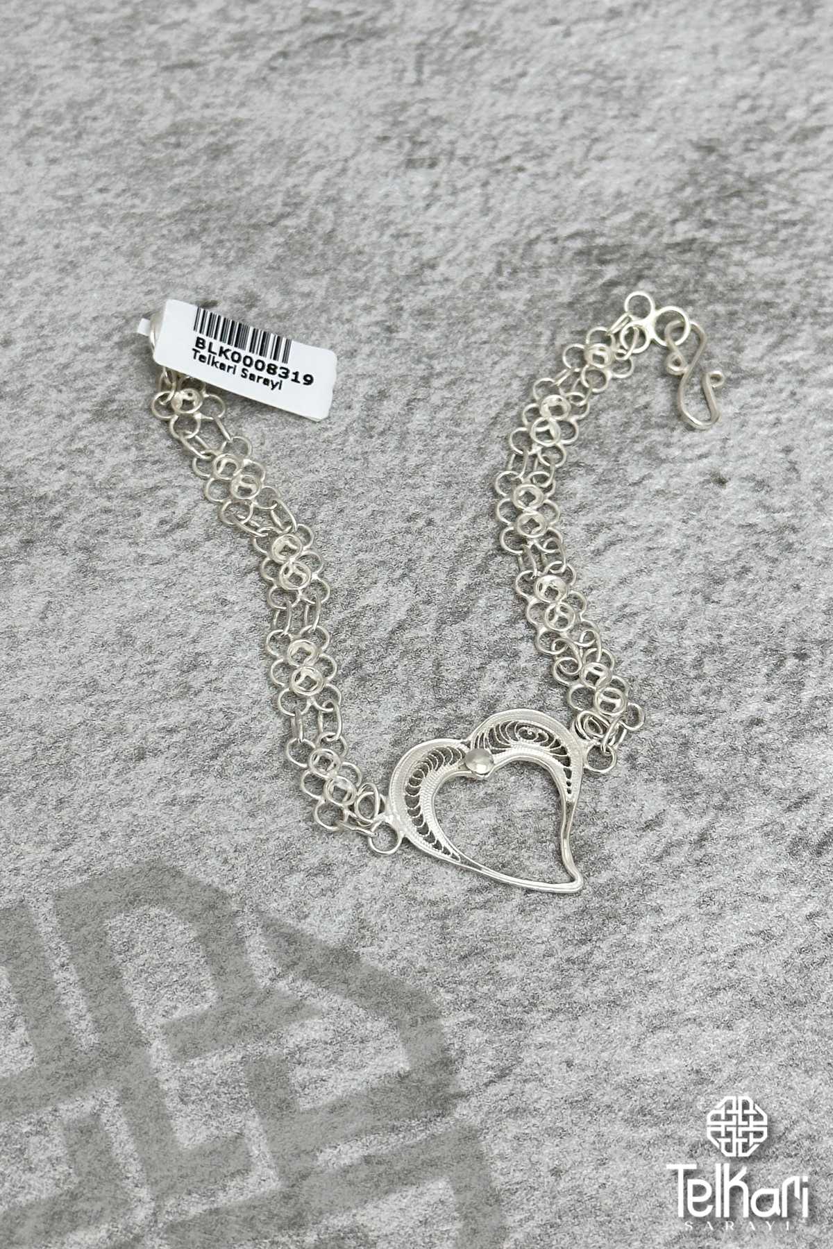 Tek Kalp Motifli El İşçilikli Gümüş Midyat Telkari Bileklik