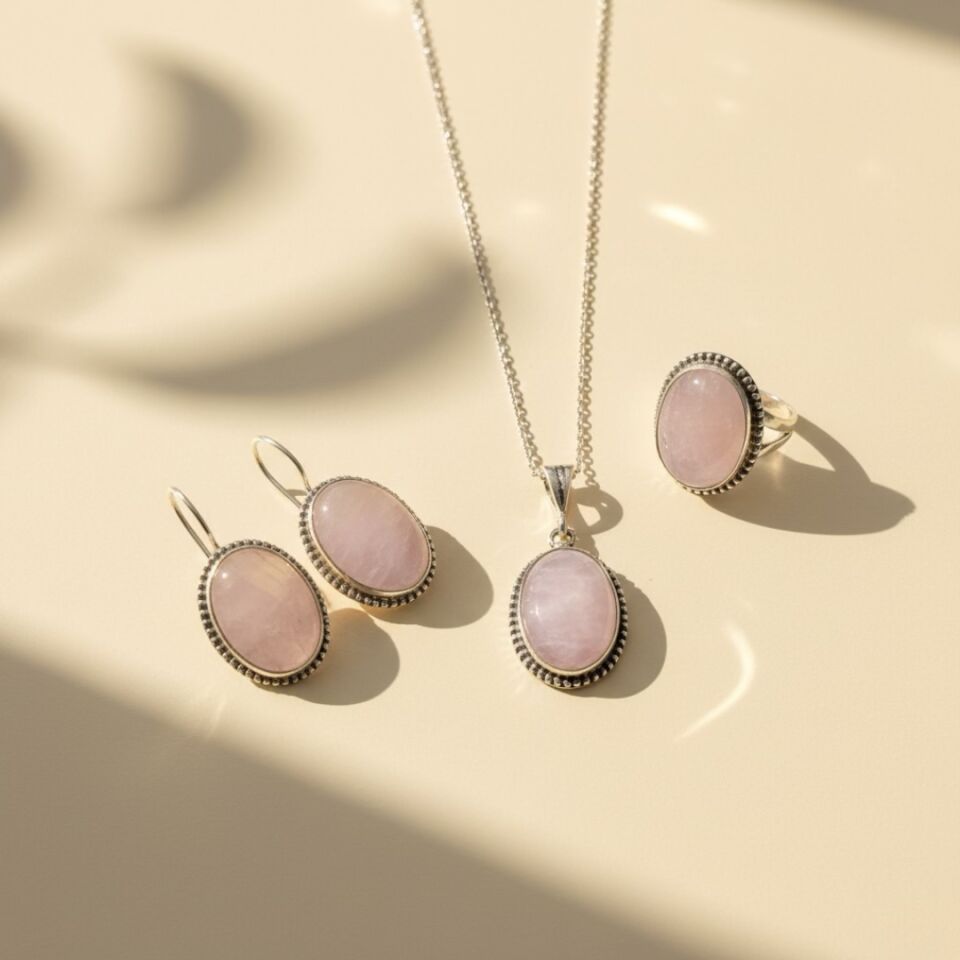 Pembe Kuvars Taşlı Gümüş Otantik Set