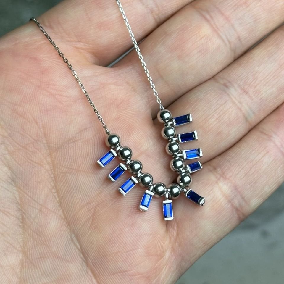 Lacivert Baget Taşlı Gümüş Kolye