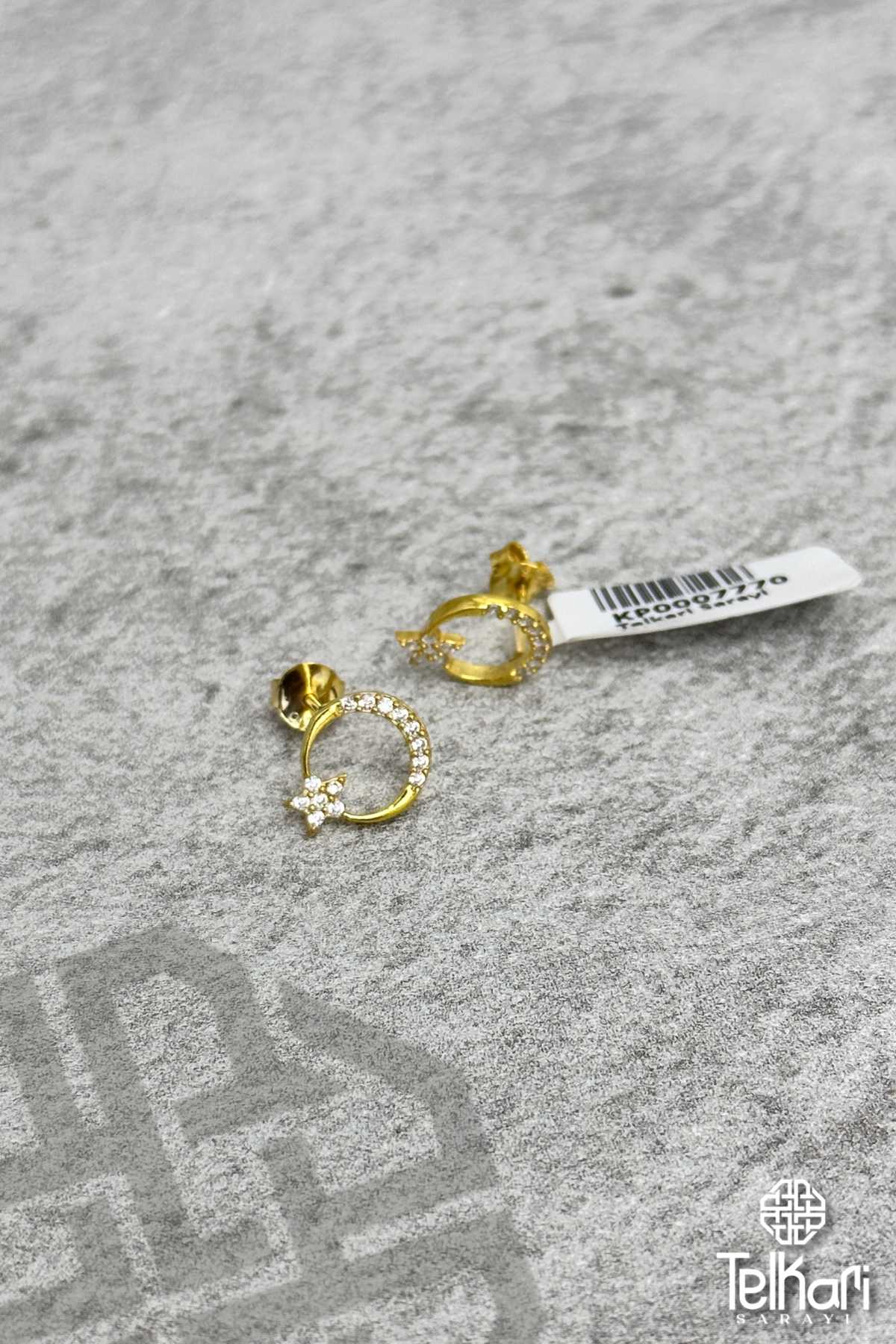 Ay Yıldız Taşlı Gold Gümüş Küpe