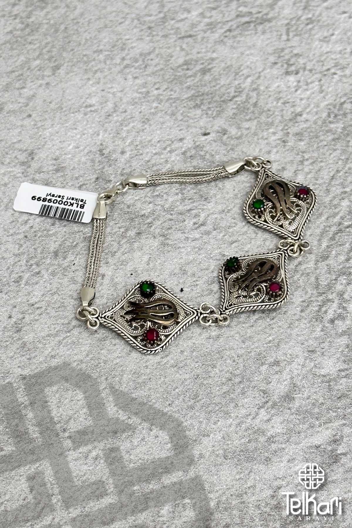 Gül Detaylı Doğal Taşlı Midyat Oksitli Telkari Gümüş Bileklik