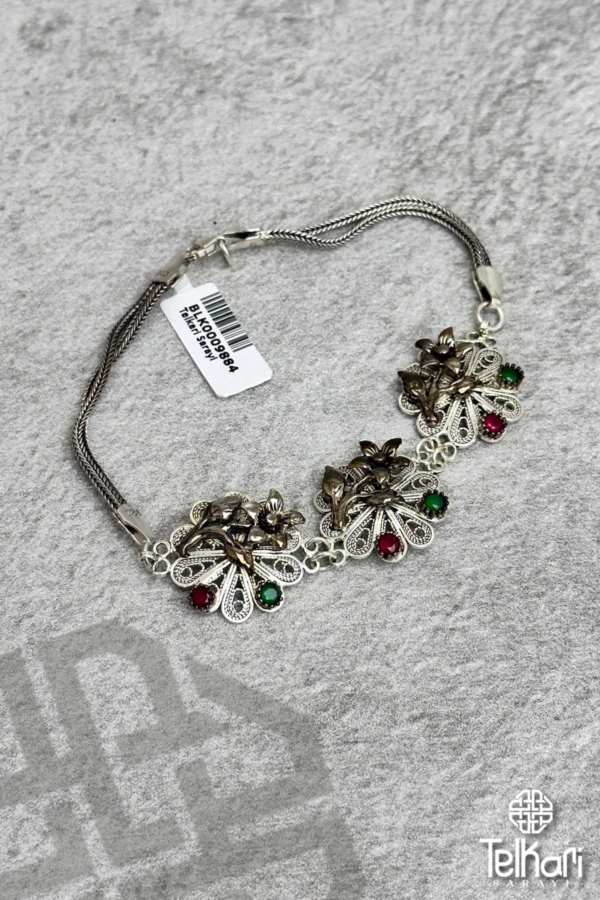 Çiçek Motifli Doğal Taşlı Midyat Oksitli Telkari Gümüş Bileklik