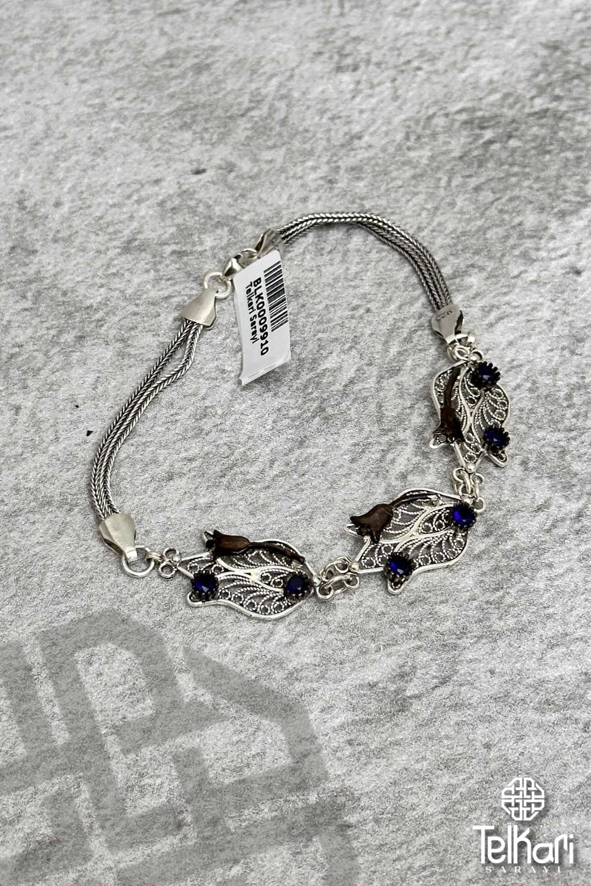 Gül Motifli Safir Taşlı Midyat Oksitli Telkari Gümüş Bileklik