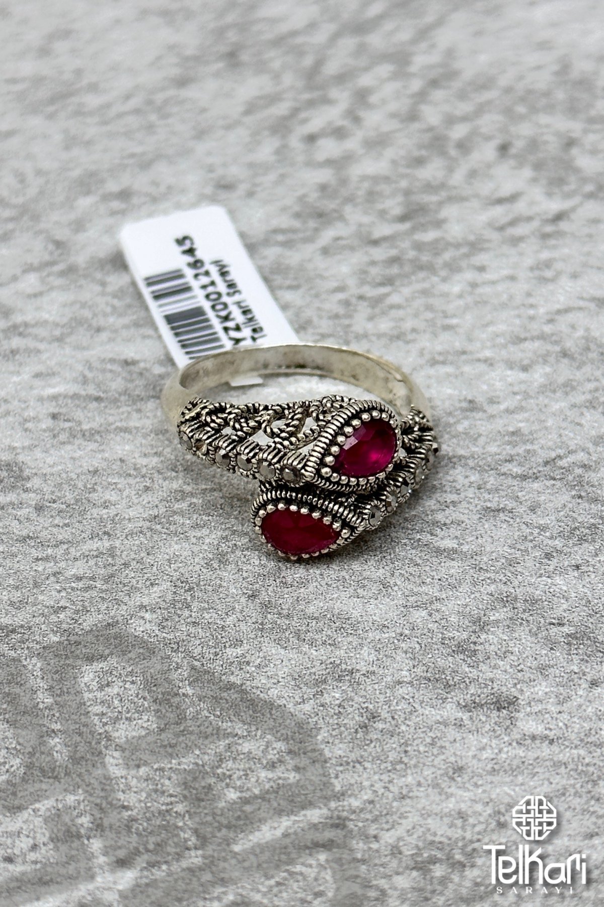 Çift Damla Model Kök Yakut Taşlı Gümüş Markazit Yüzük