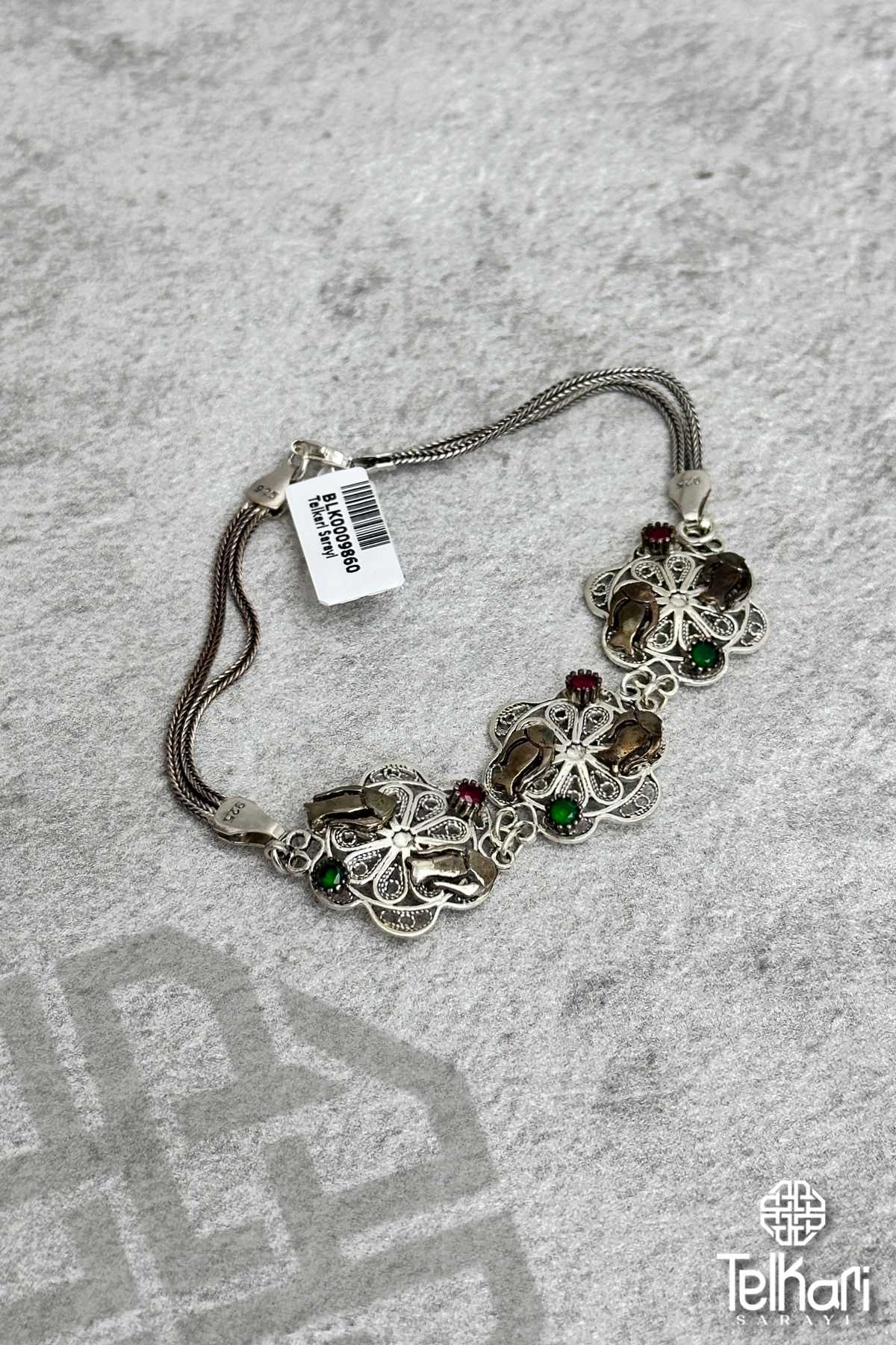 Çiçek Motifli Doğal Taşlı Midyat Oksitli Telkari Gümüş Bileklik