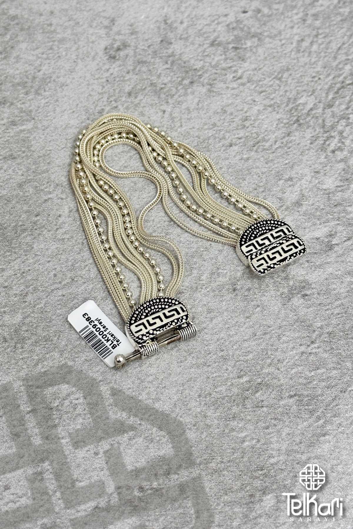 Çift Boncuk Sıralı Mine İşlemeli Midyat Hasırı Gümüş Bileklik