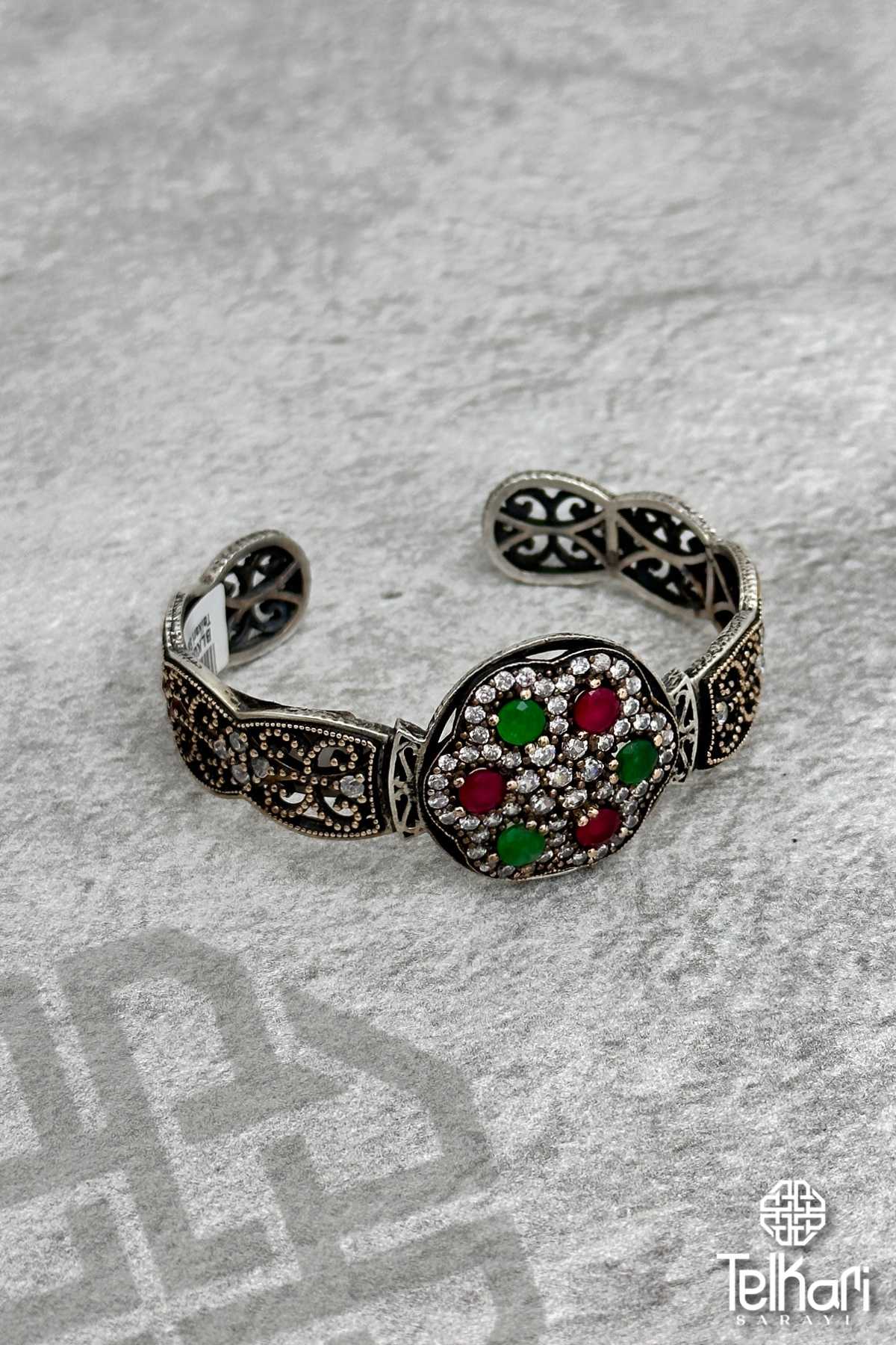 Otantik Doğal Taşlı Midyat Oksitli Telkari Gümüş Bilezik