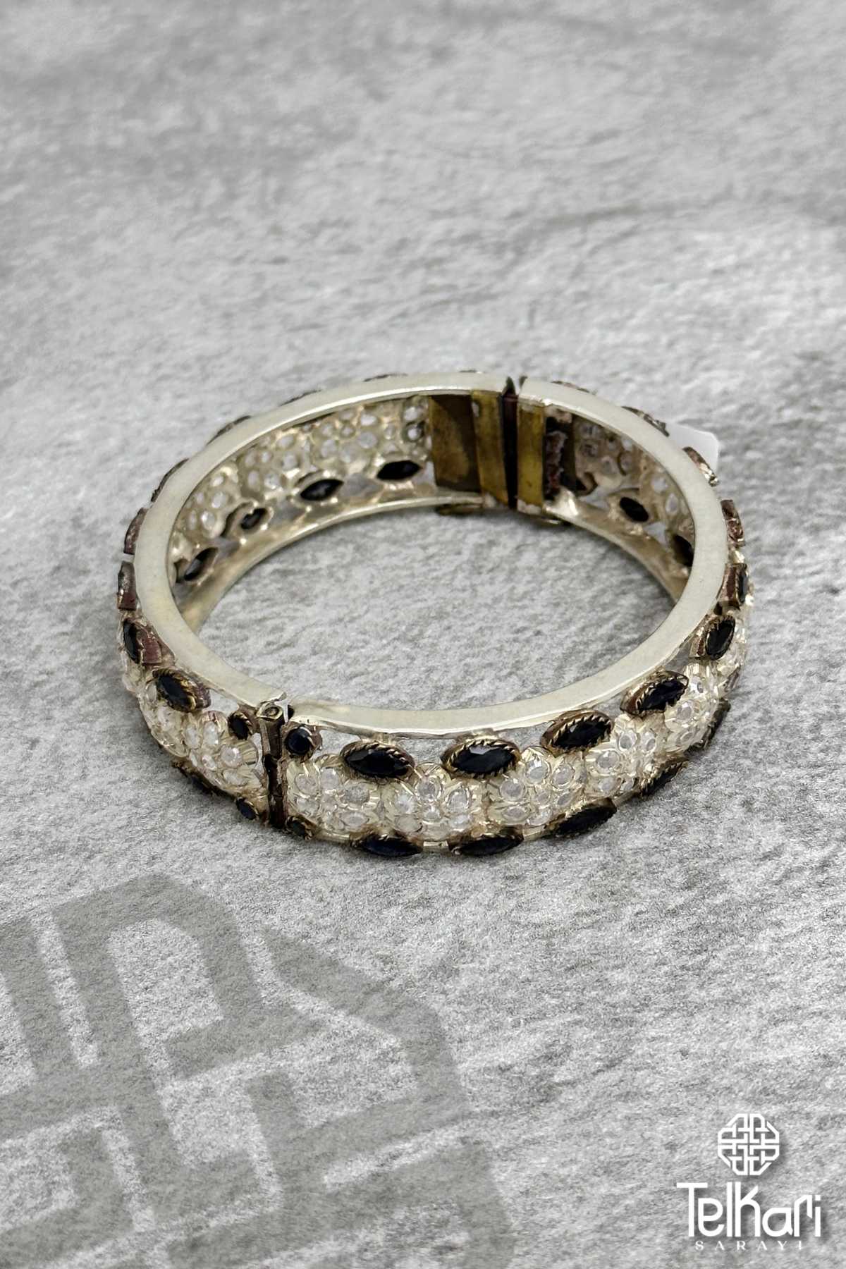 Doğal Taşlı Midyat Oksitli Telkari Gümüş Bilezik