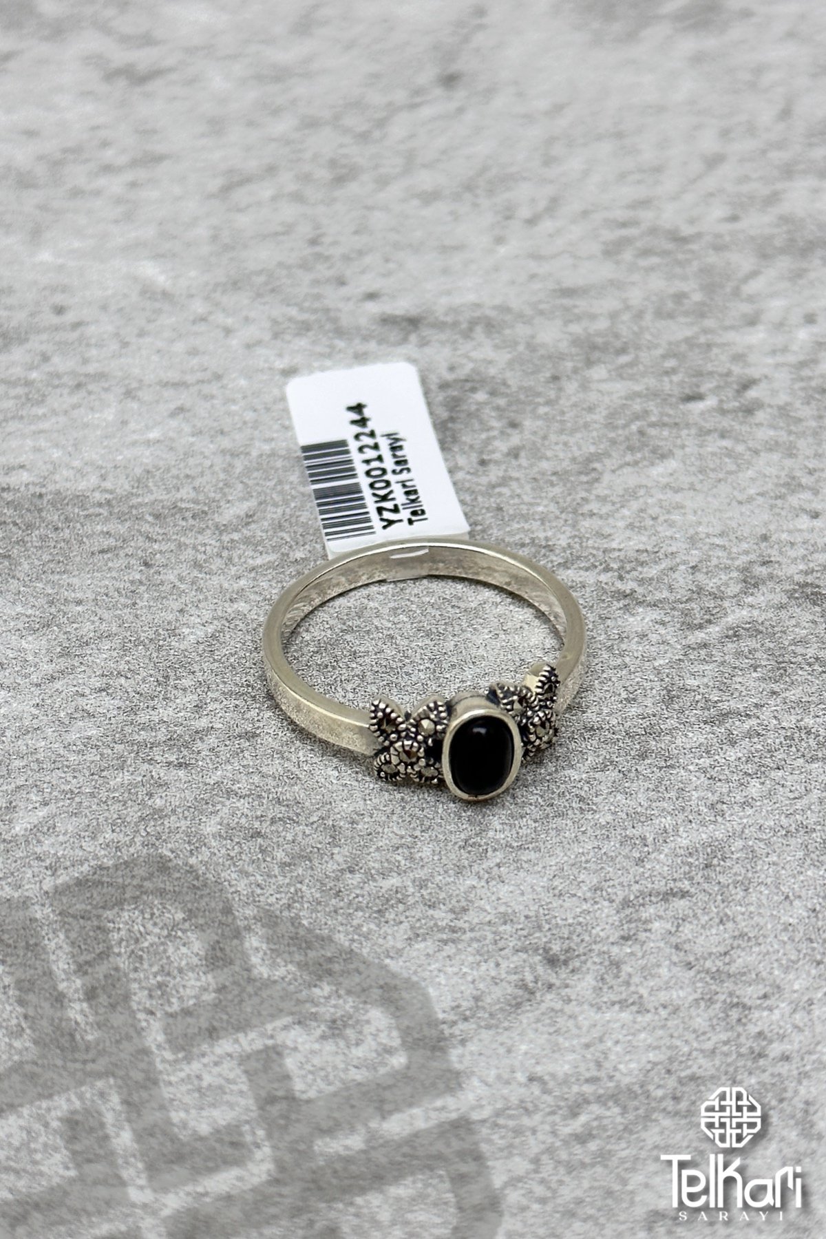 Çift Çiçek Onix Taşlı Gümüş Markazit Yüzük