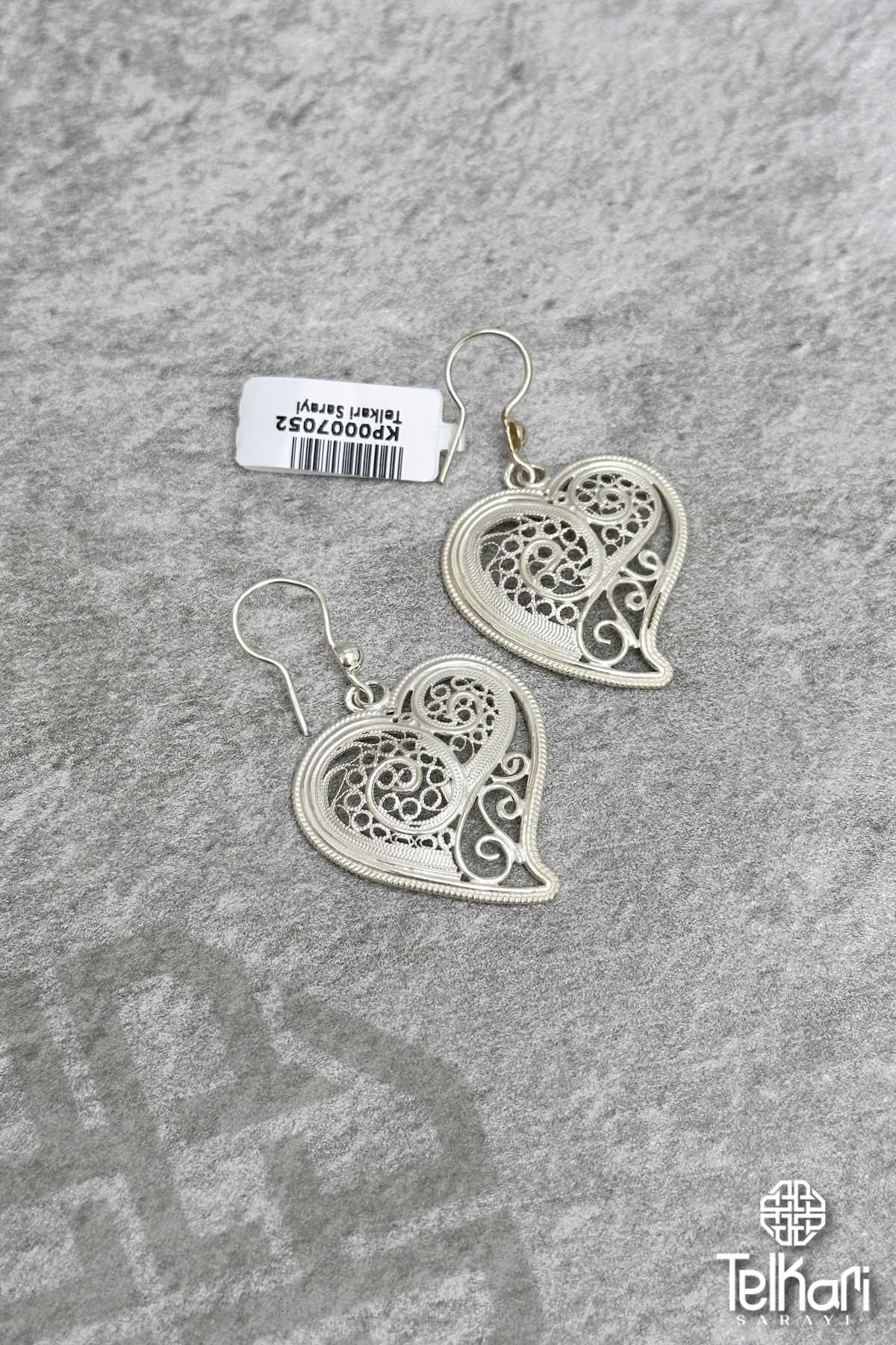 Kalp Model Sallantılı Telkari Gümüş Küpe