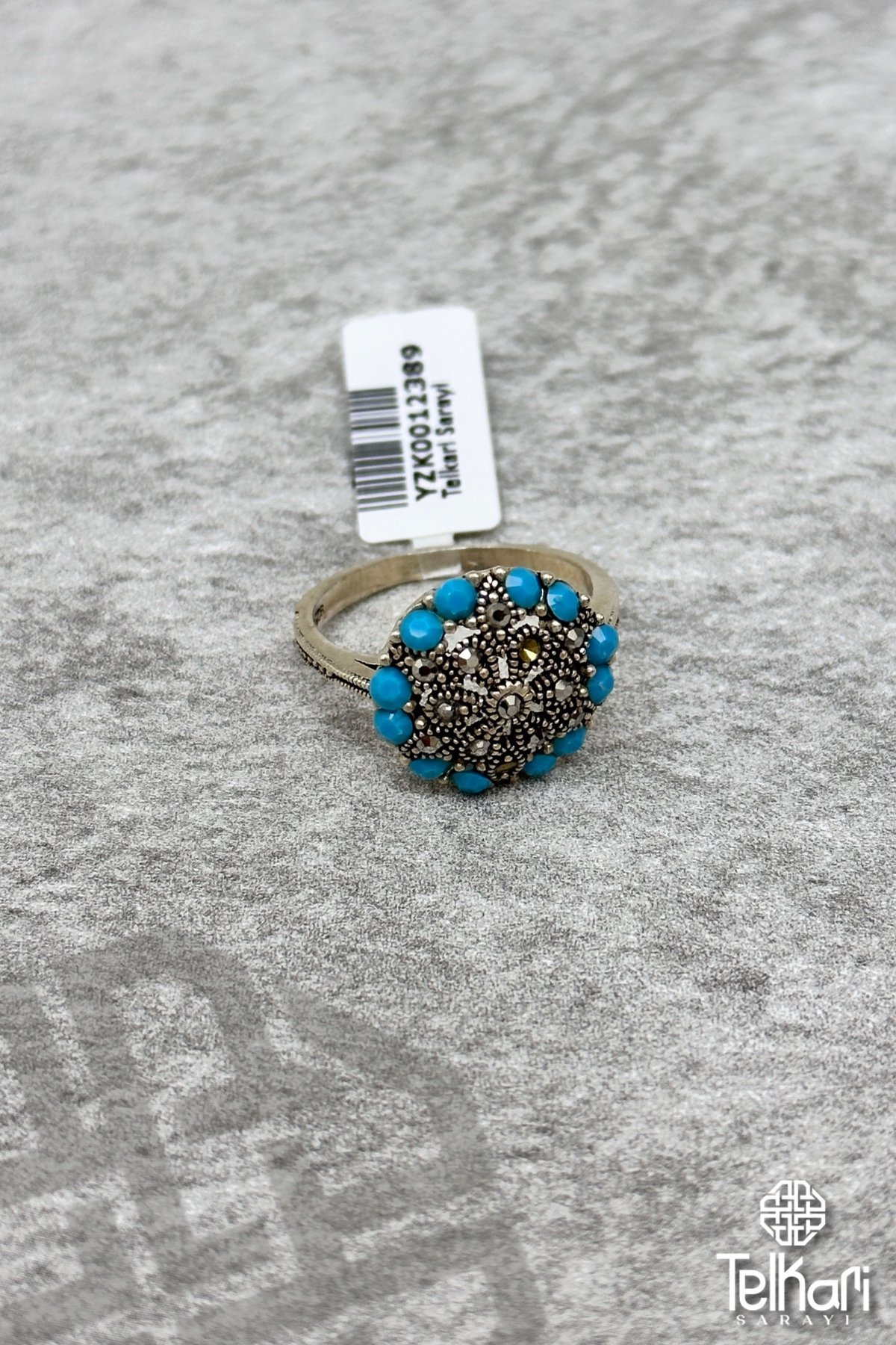 Yuvarlak Firuze Taşlı Gümüş Markazit Yüzük