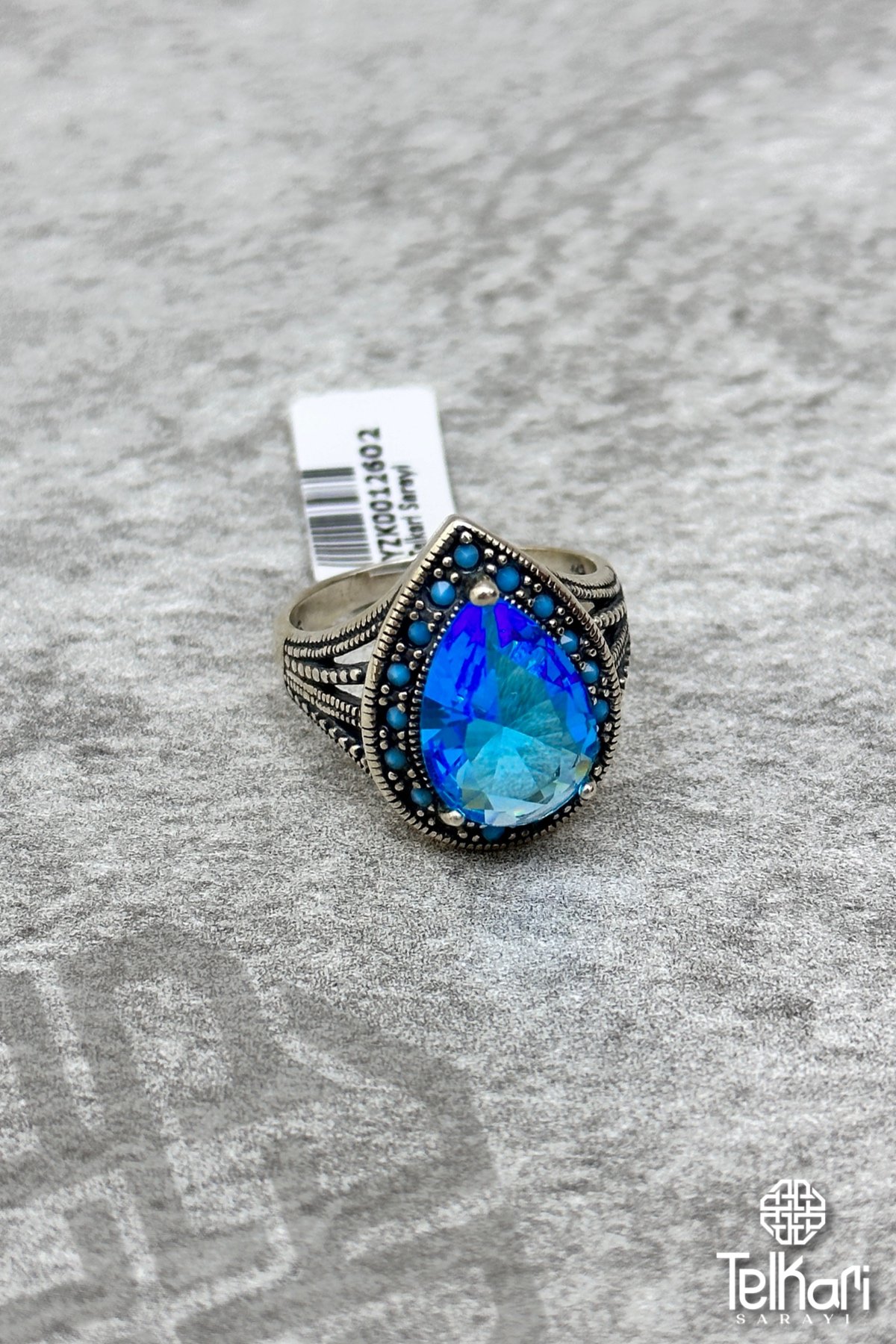 Damla Model Aquamarin Taşlı Gümüş Markazit Yüzük