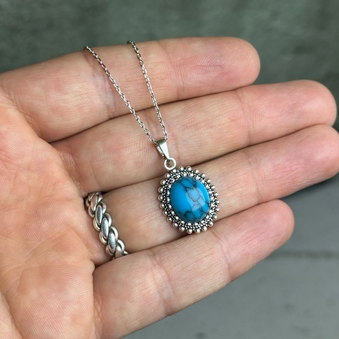 Damarlı Firuze Taşı Oksitli Telkari Gümüş Kolye