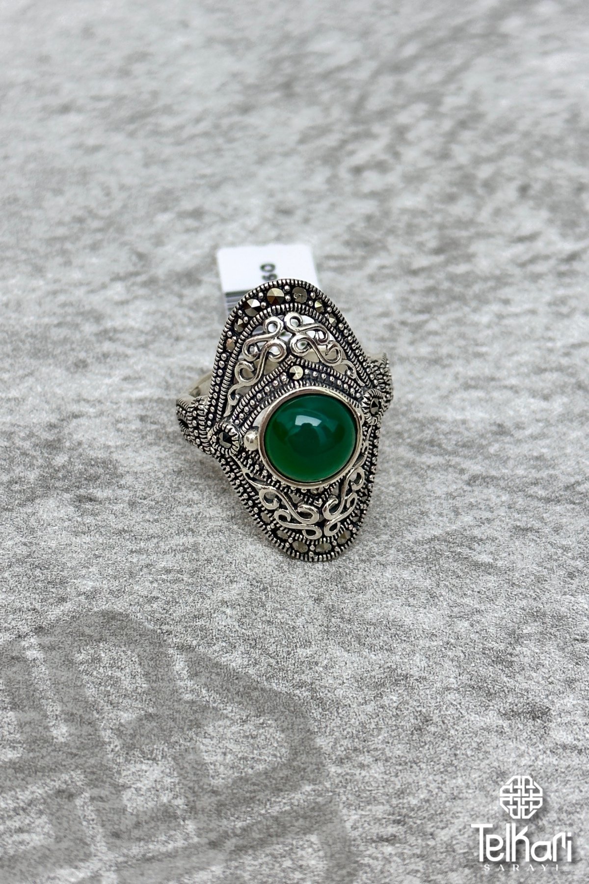 Yeşim Taşlı Gümüş Markazit Yüzük