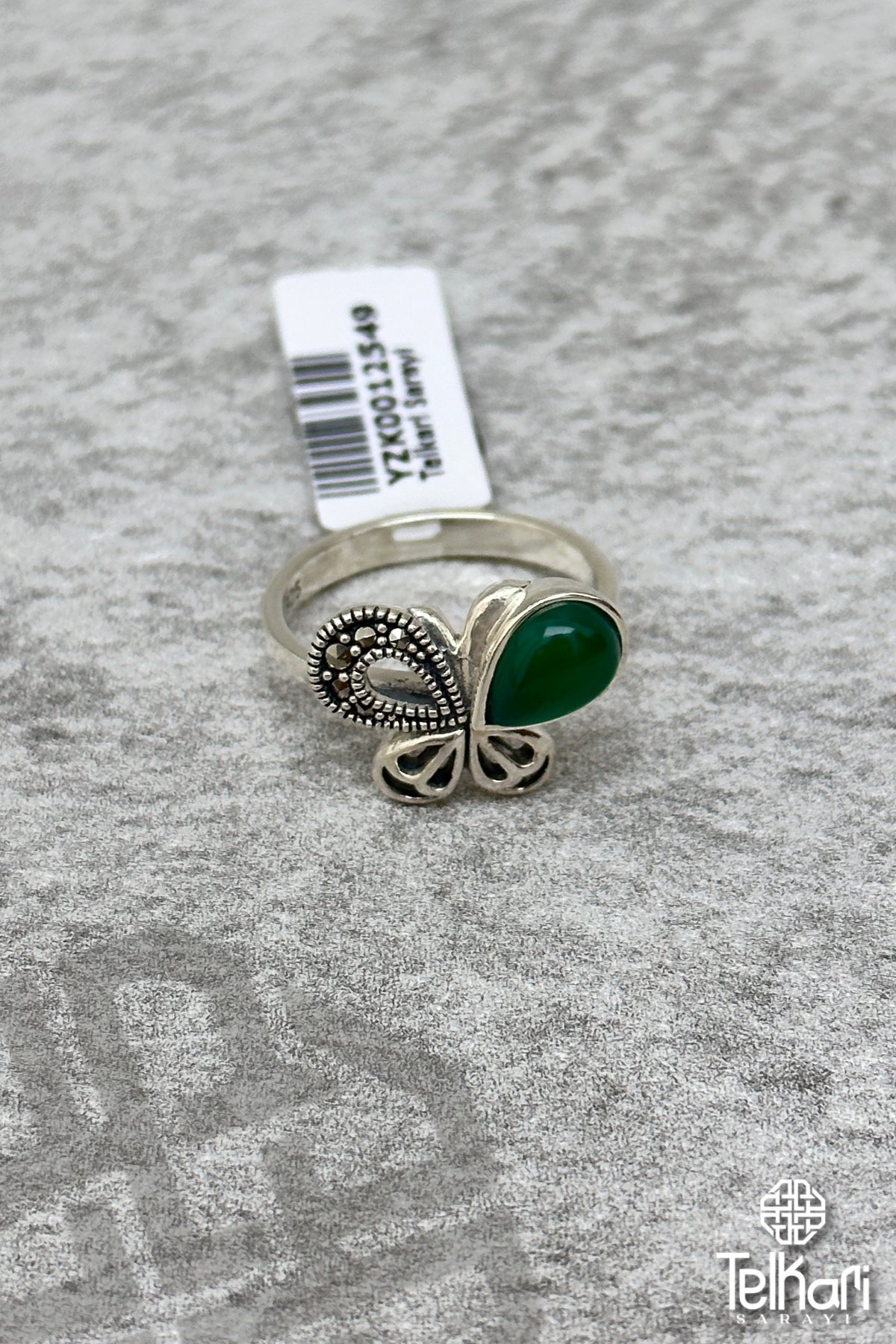 Yeşim Taşlı Kelebek Model Gümüş Markazit Yüzük