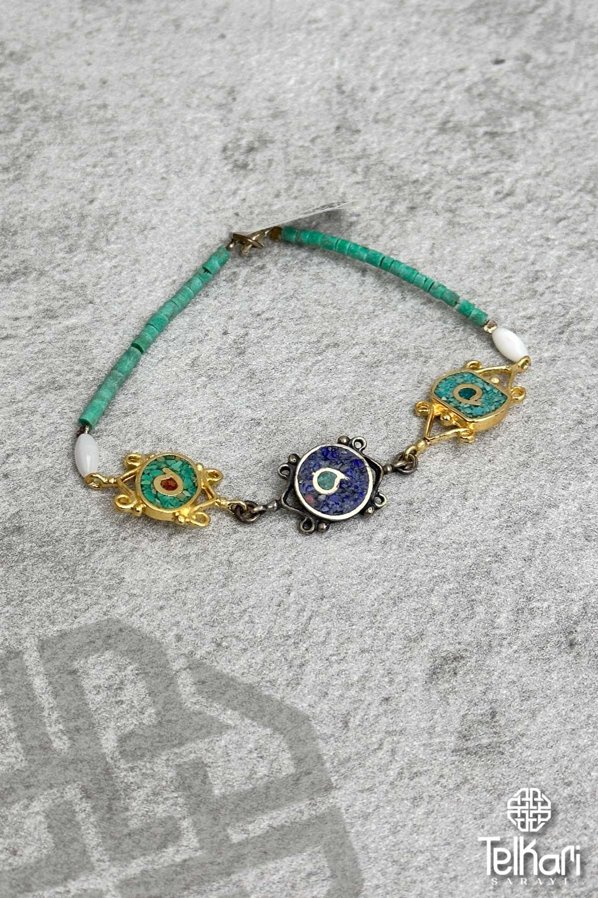 Turkuaz Otantik Desenli Mine İşlemeli Gümüş Bileklik