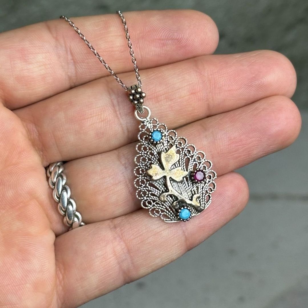 Tasarım Yaprak Motifli Oksitli Telkari Gümüş Kolye