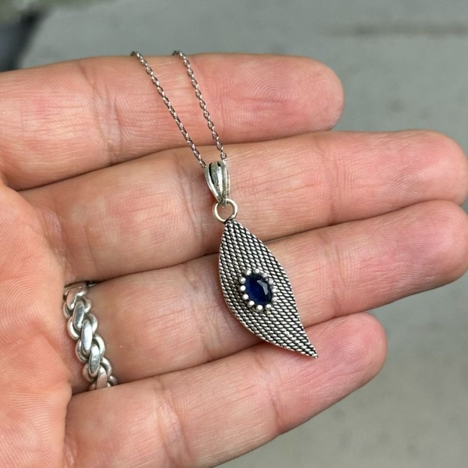 Safir Taşlı Oksitli Telkari Gümüş Kolye